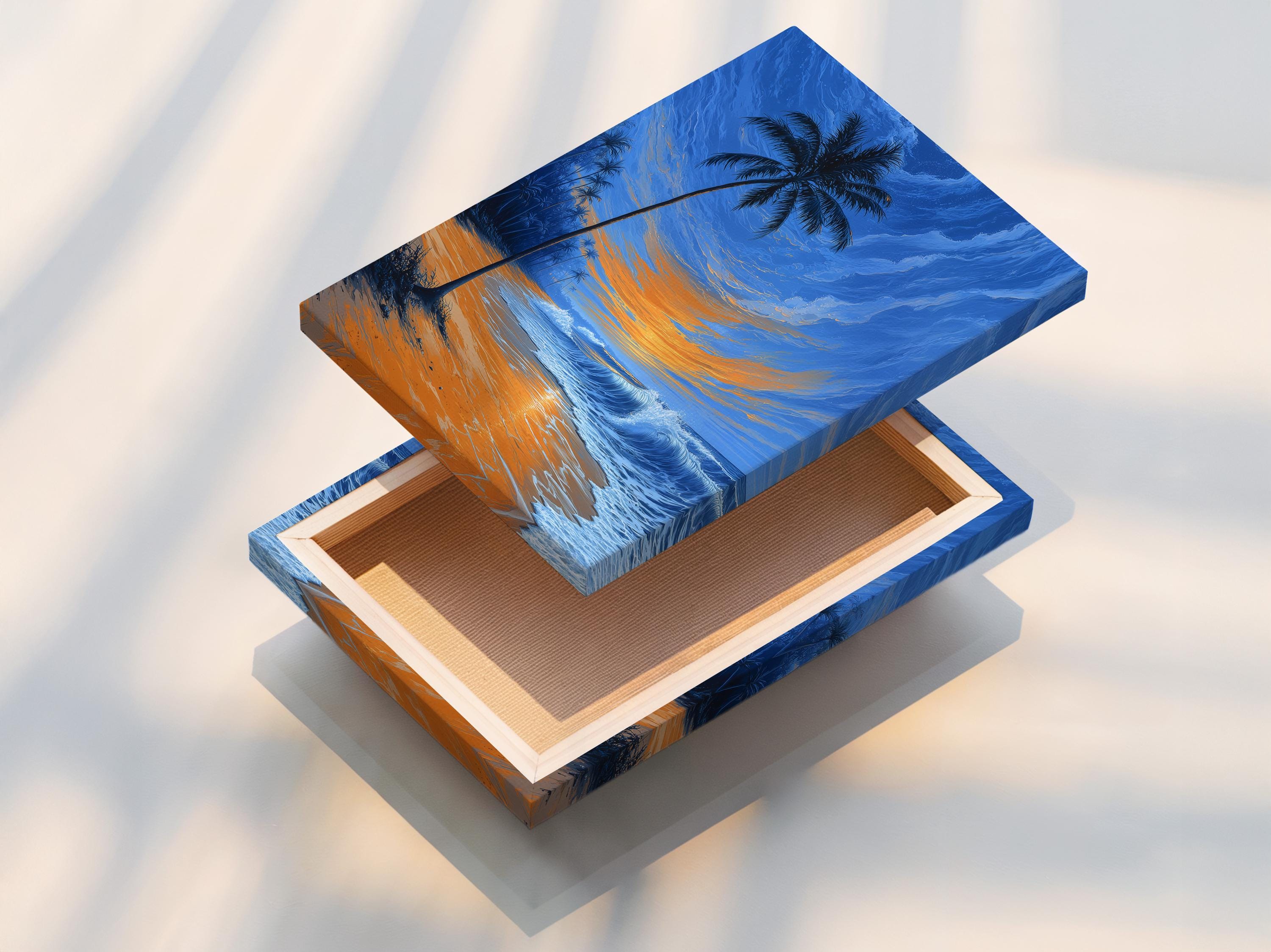 Palm tree tropical beach scene with ocean waves and a glowing sunset sky detail view