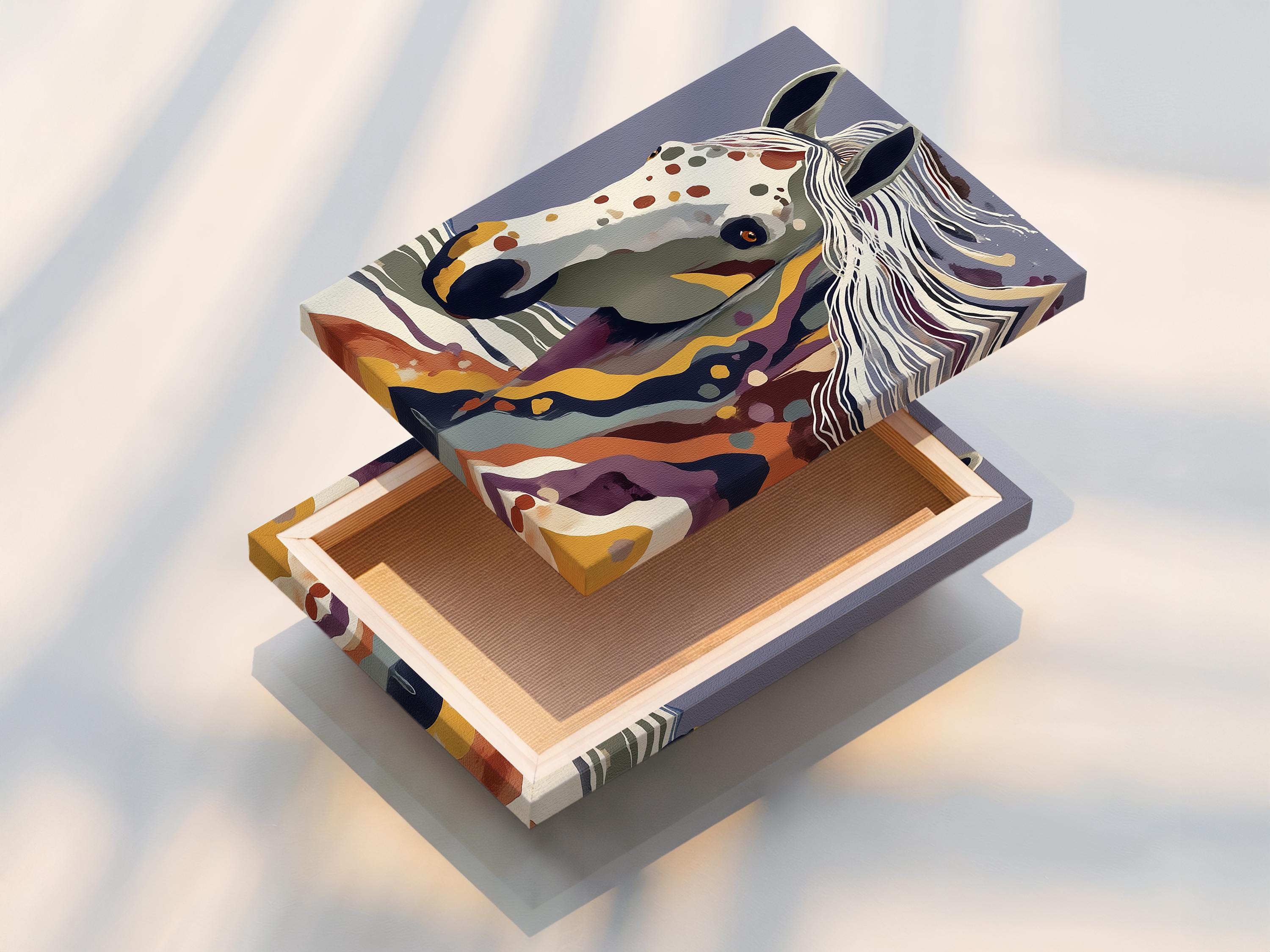 Stylised horse portrait with flowing stripes in blue, purple, cream and gold tones detail view