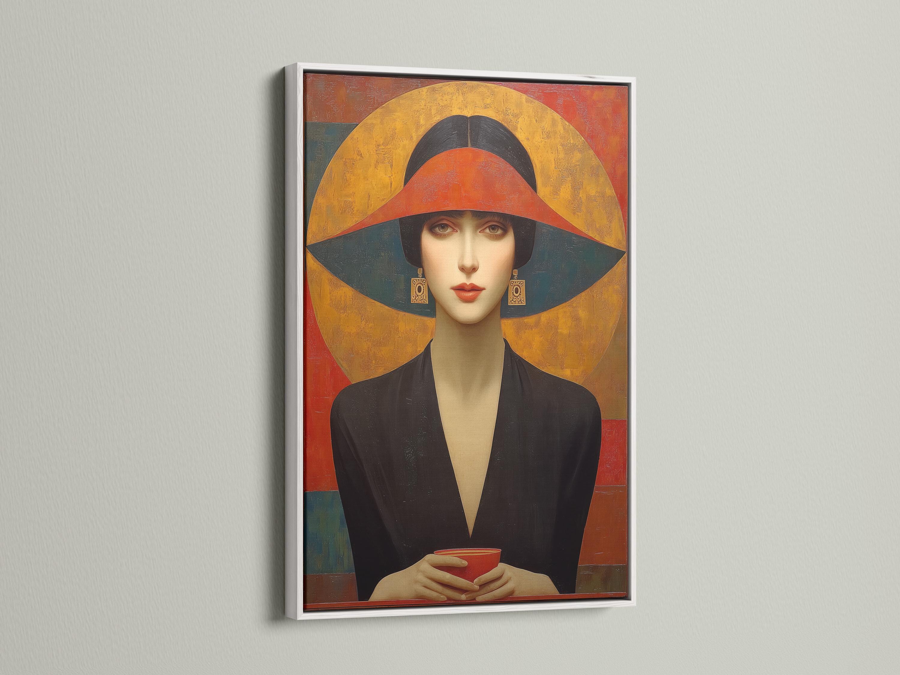 Stylised woman portrait in a dark hat with Art Deco geometric shapes in gold, red and black detail view