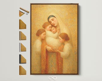 May include: A framed religious artwork shows a woman in a white veil holding a child, with three other figures around them. The artwork has a warm, golden colour palette and is presented in a dark brown frame.