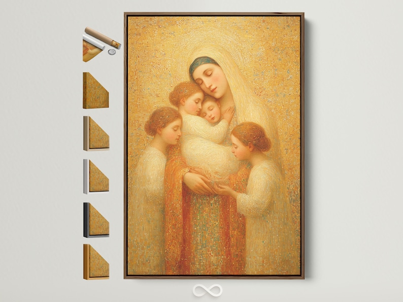 Gold religious portrait of a haloed mother holding children against a mosaic background