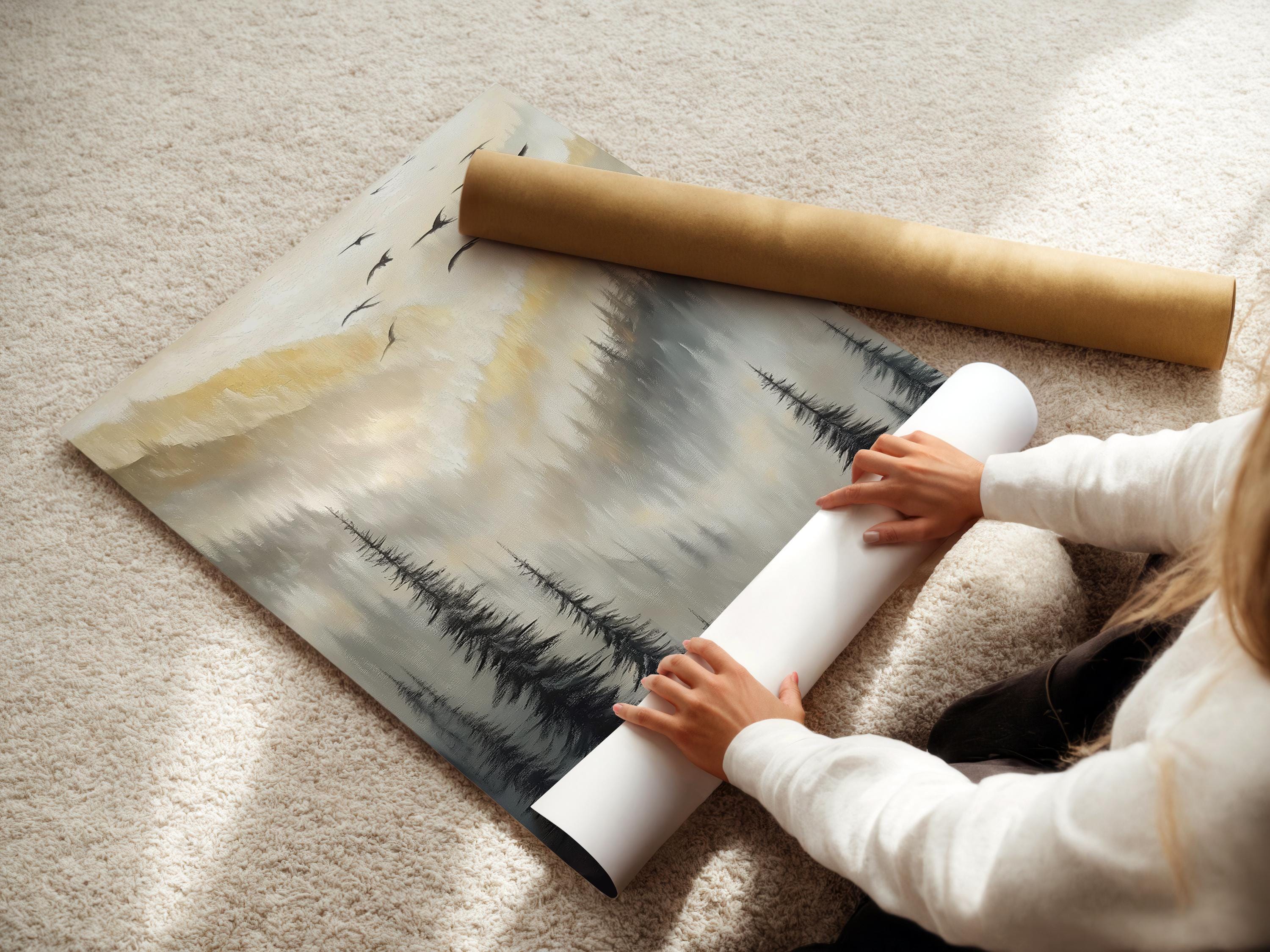 Misty mountain landscape artwork with pine tree silhouettes and birds in the sky detail view