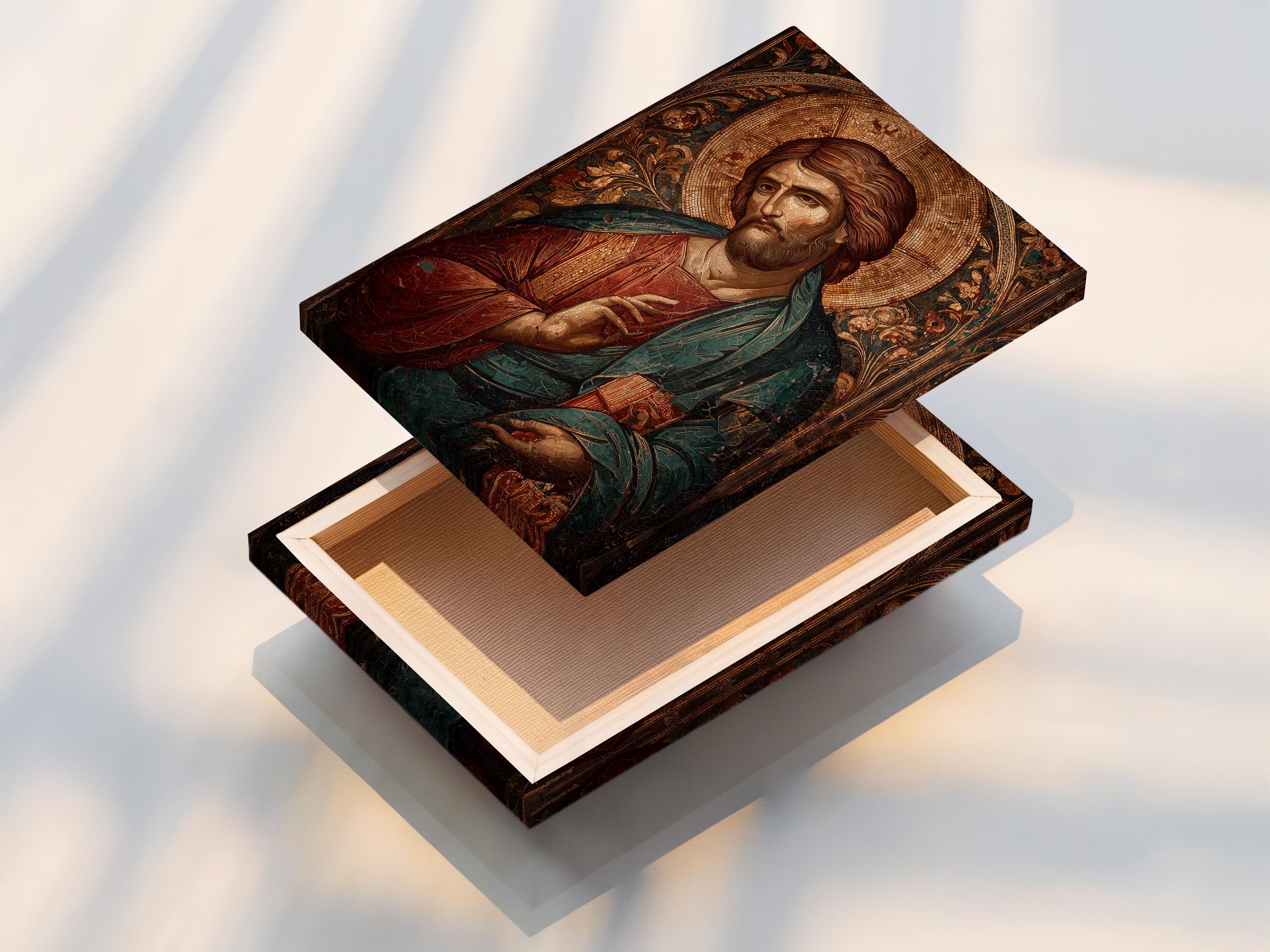 Jesus portrait religious artwork shown in a mockup with hanging options on the side