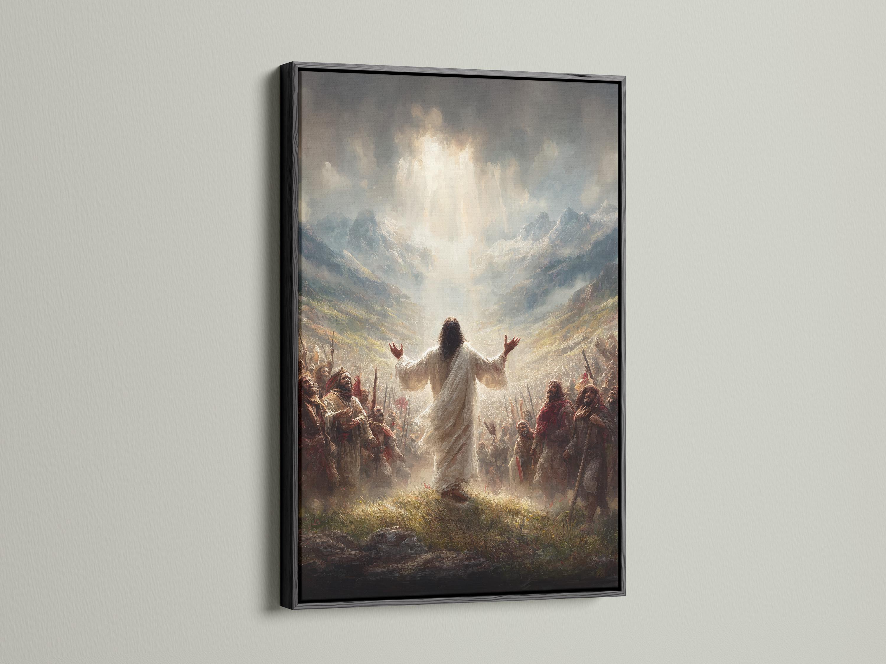 A robed figure with raised arms stands in a crowd beneath glowing light in a misty mountain landscape detail view