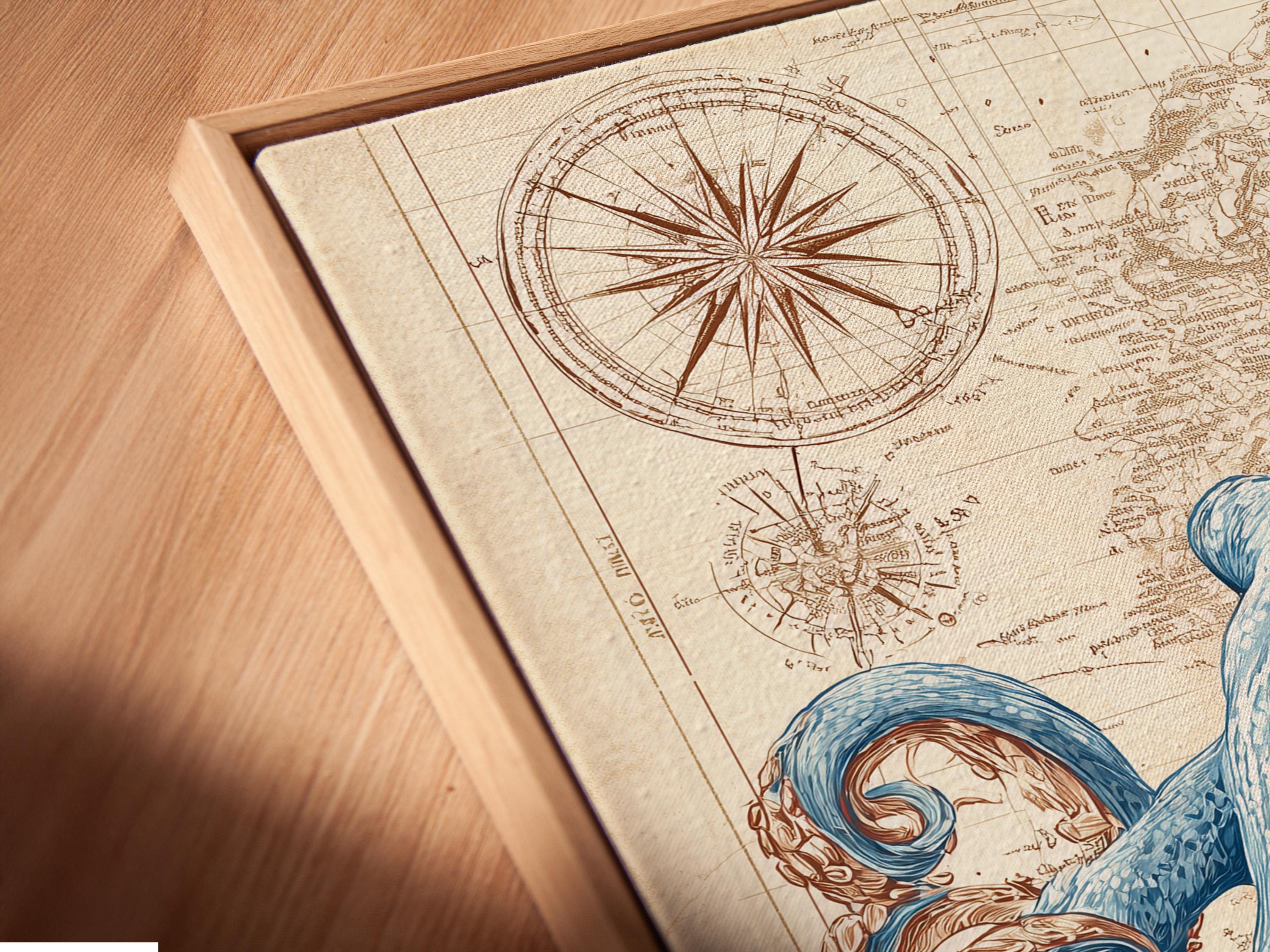 Blue octopus illustration over an antique beige nautical map with compass-like circles detail view