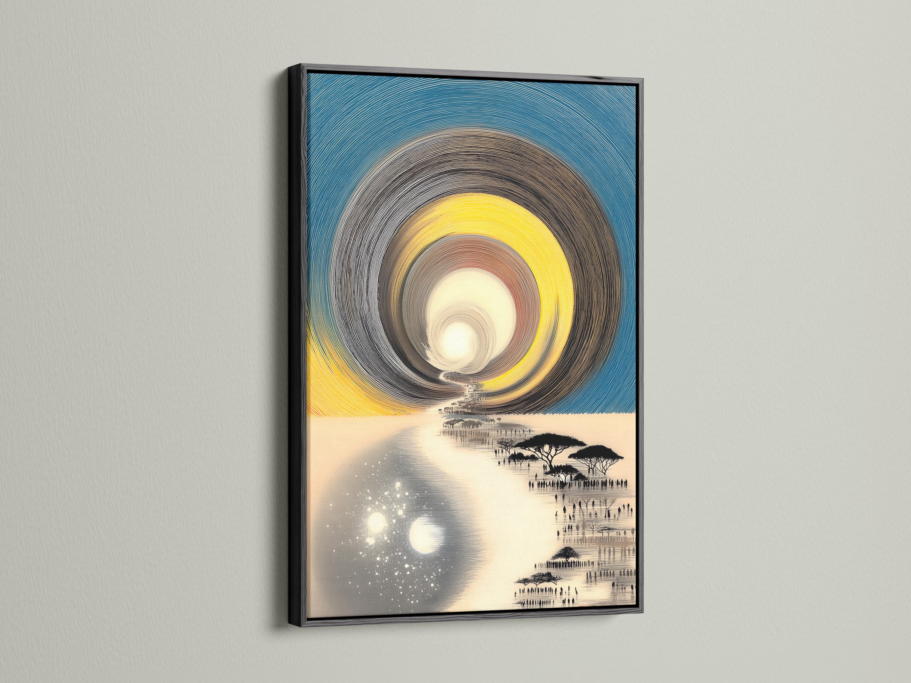 Stylised teal and yellow landscape with concentric swirl lines, reflective water and silhouetted acacia trees detail view