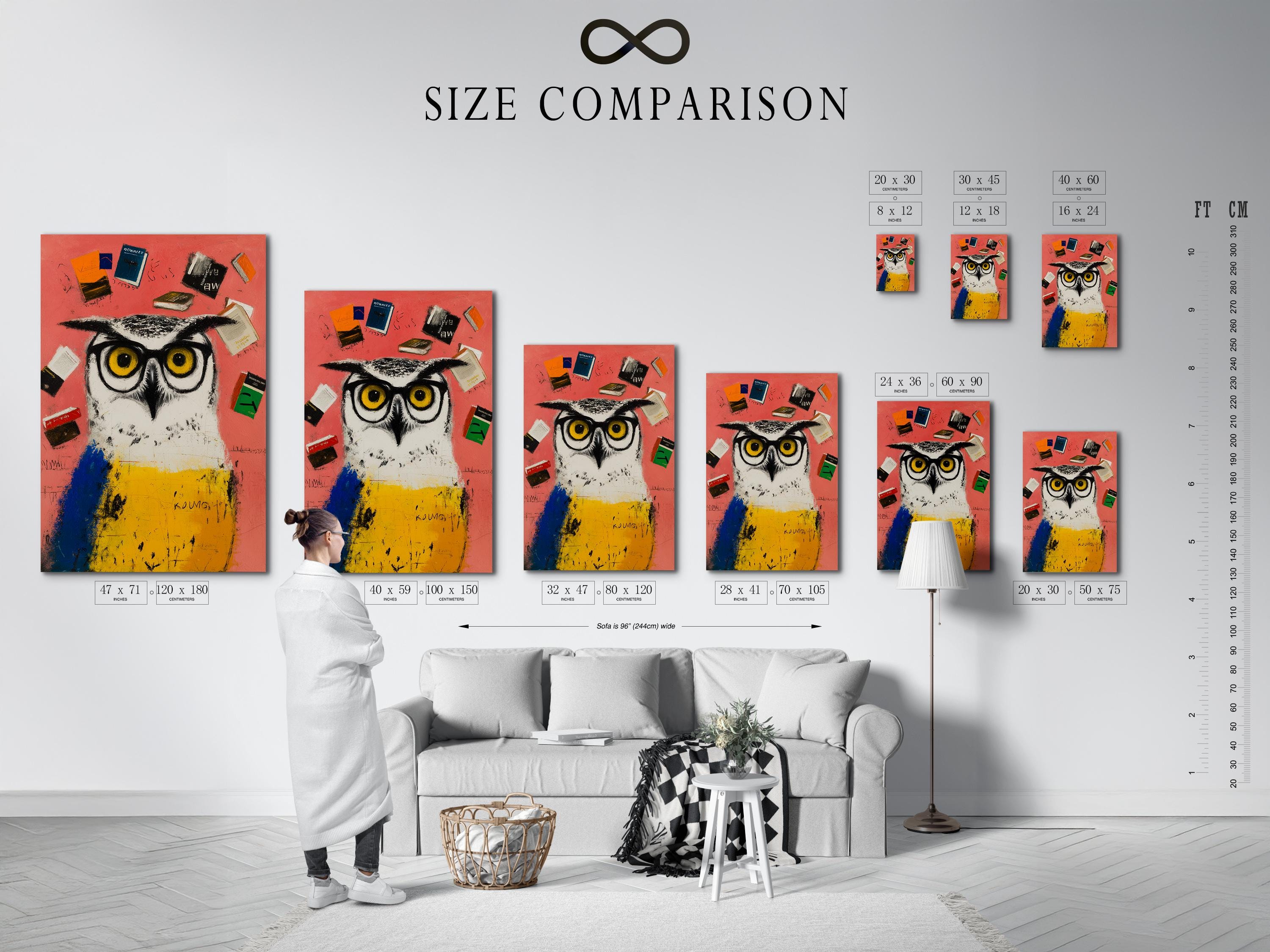Stylised owl with large yellow eyes surrounded by illustrated books on a coral, blue and yellow background detail view