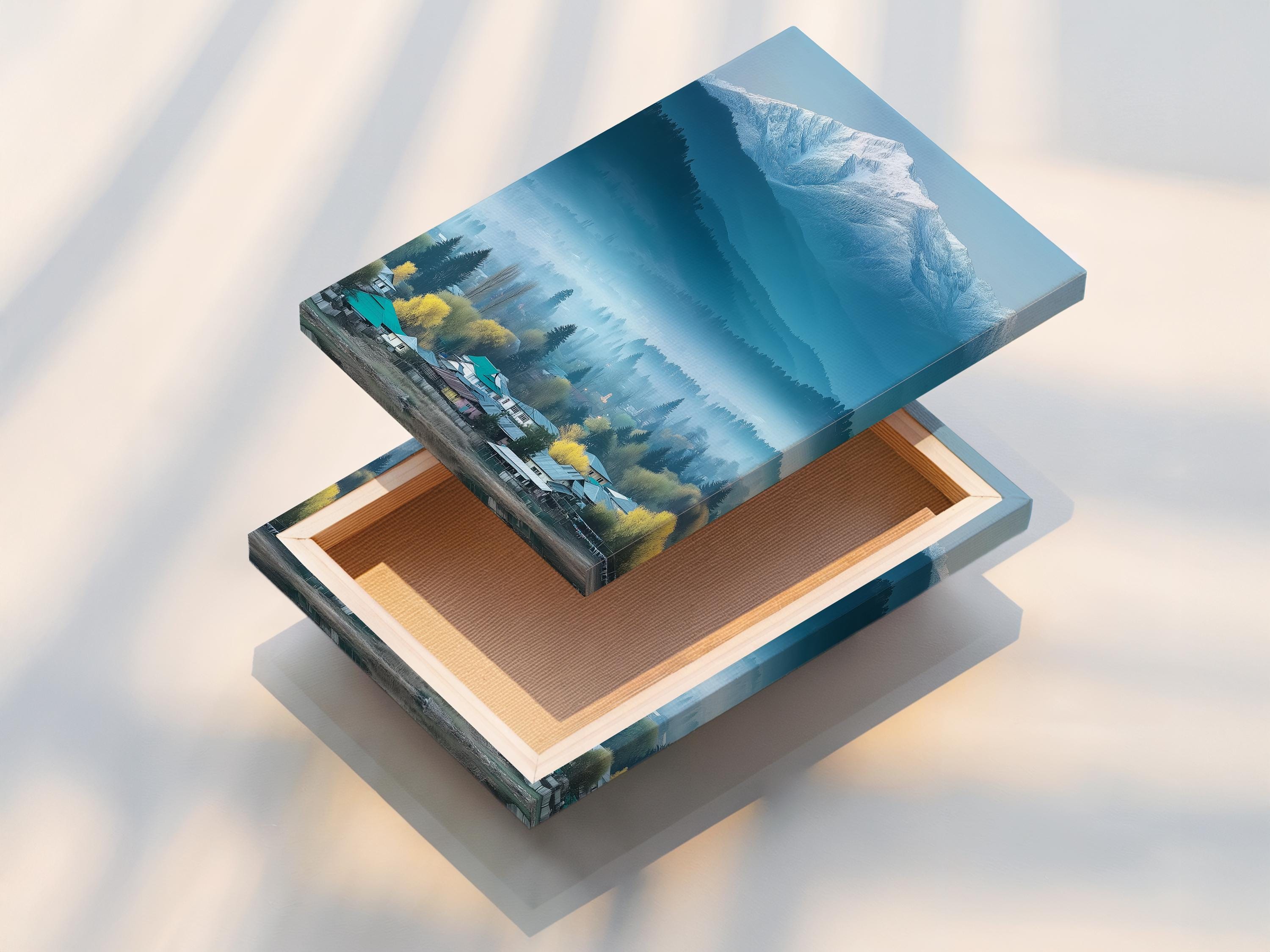 Misty snowy mountain landscape with evergreen trees and a village in teal and blue tones detail view