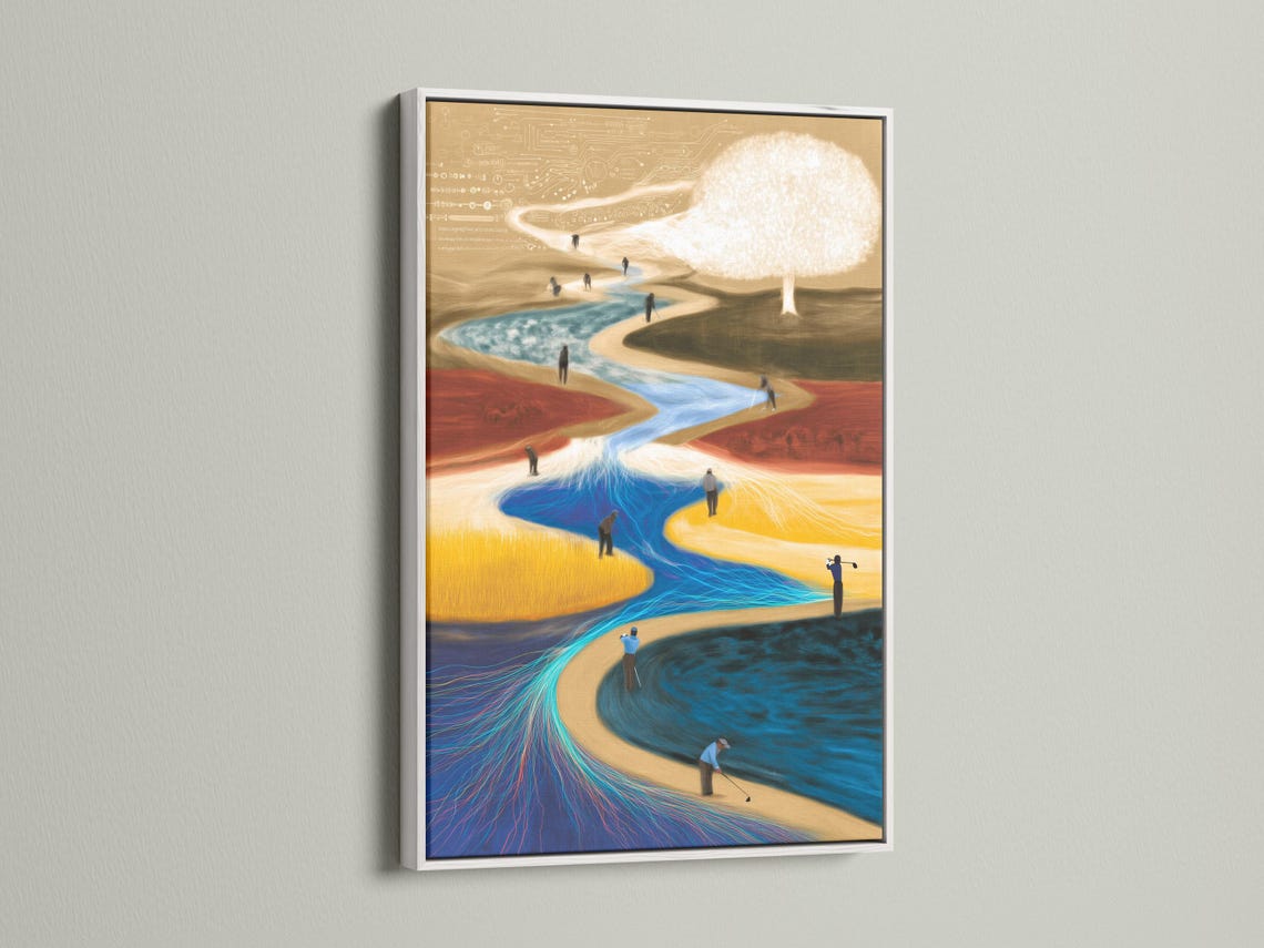 Abstract golf course scene with a bright sunburst, winding blue channel, and small golfers detail view