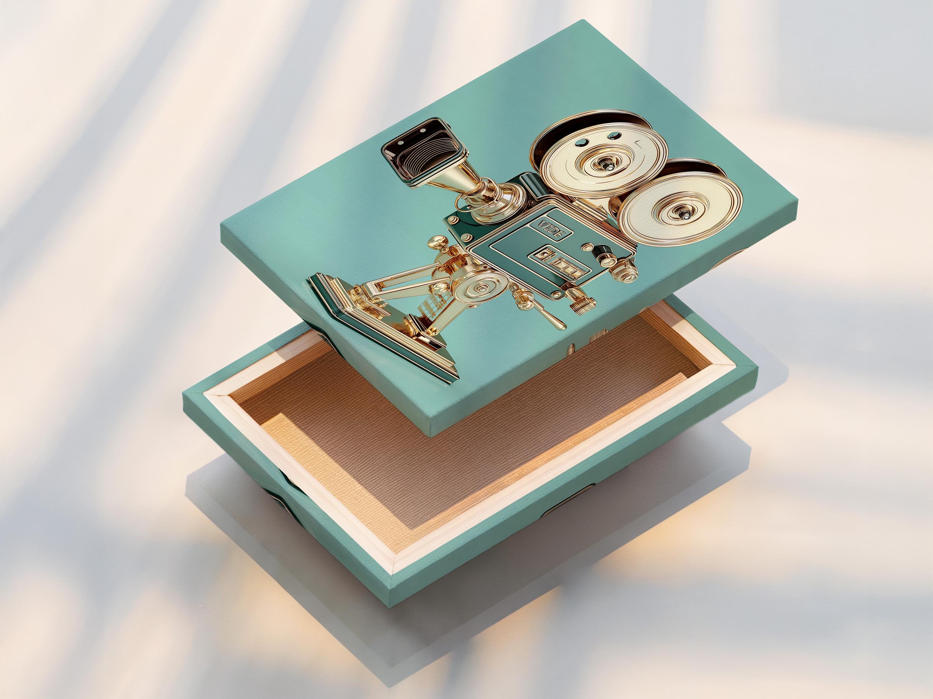 Woman standing beside a framed vintage film camera illustration on a teal background