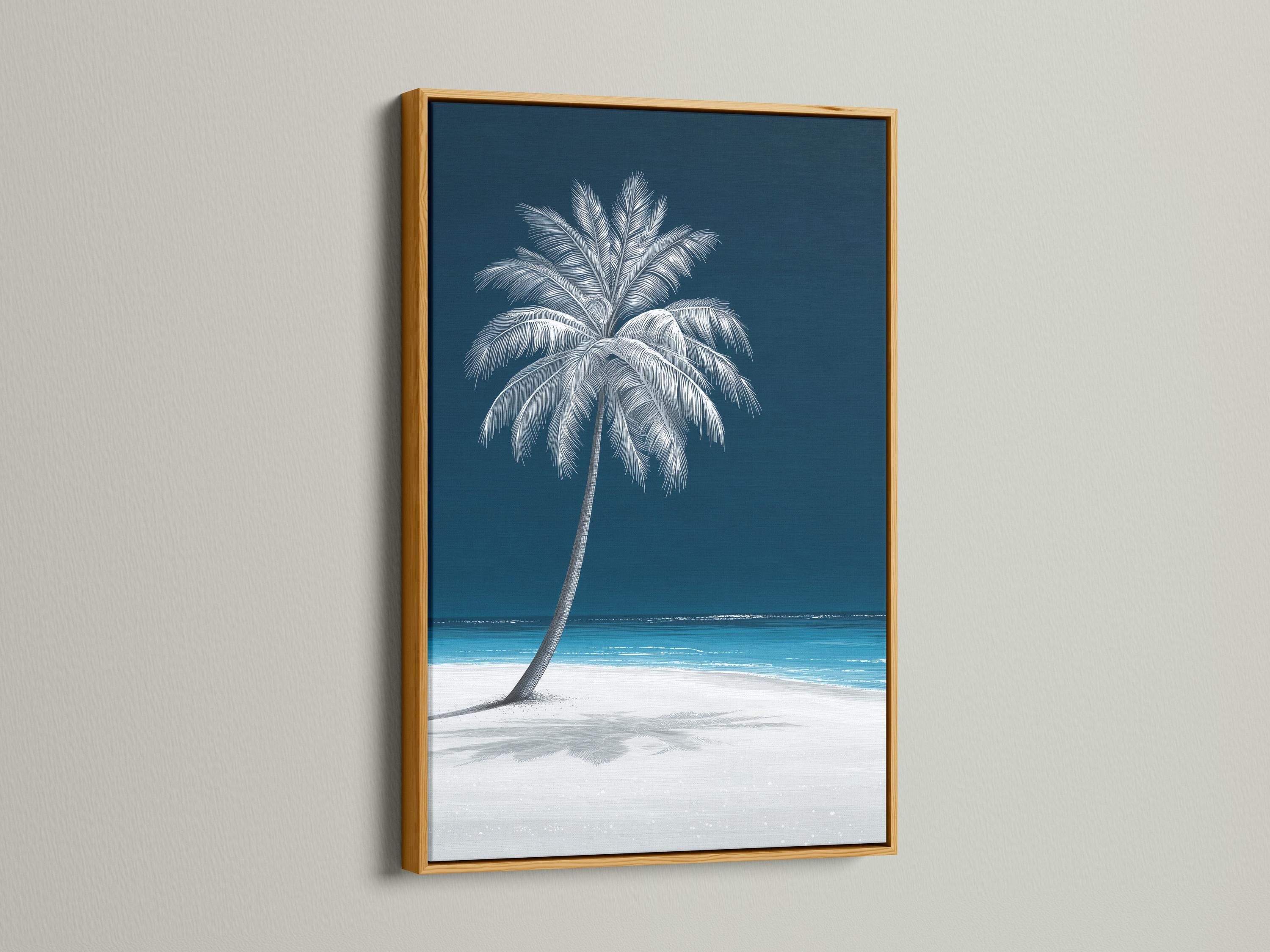 Room mockup showing framed palm tree seascape artwork