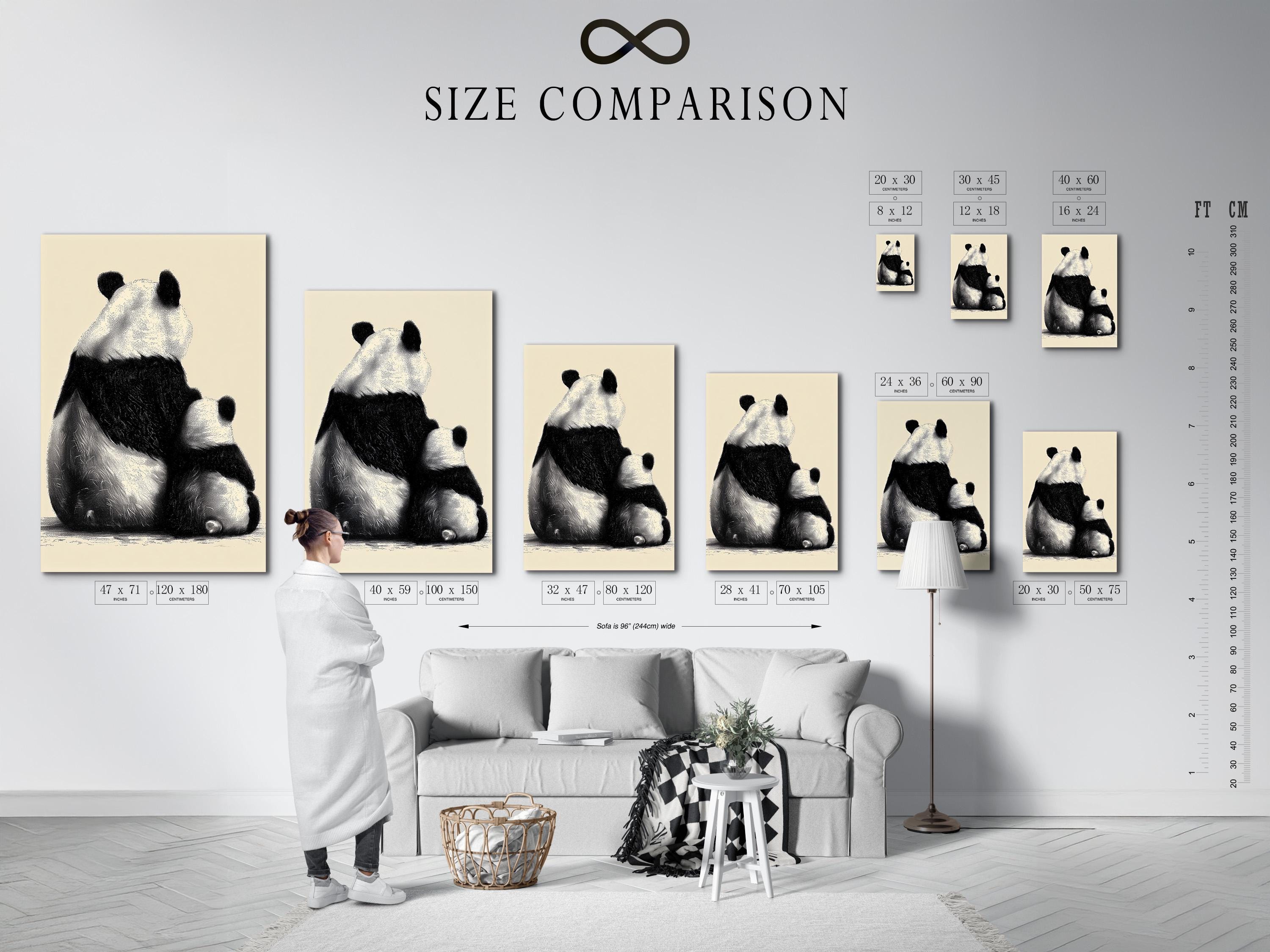 Wall mockup showing a framed panda portrait artwork in black and beige