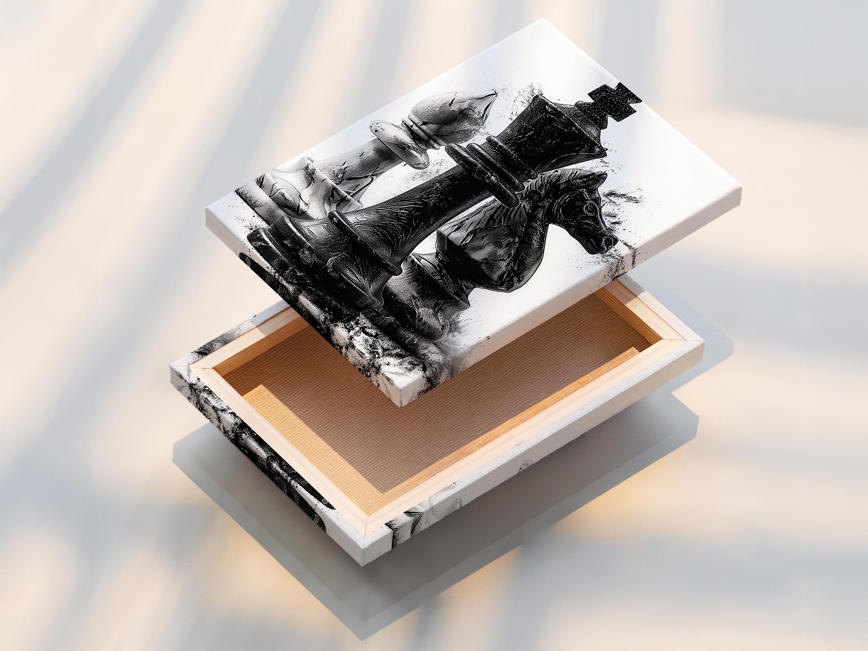 Monochrome chess artwork featuring a black king-like figure with distressed ink-splatter texture detail view