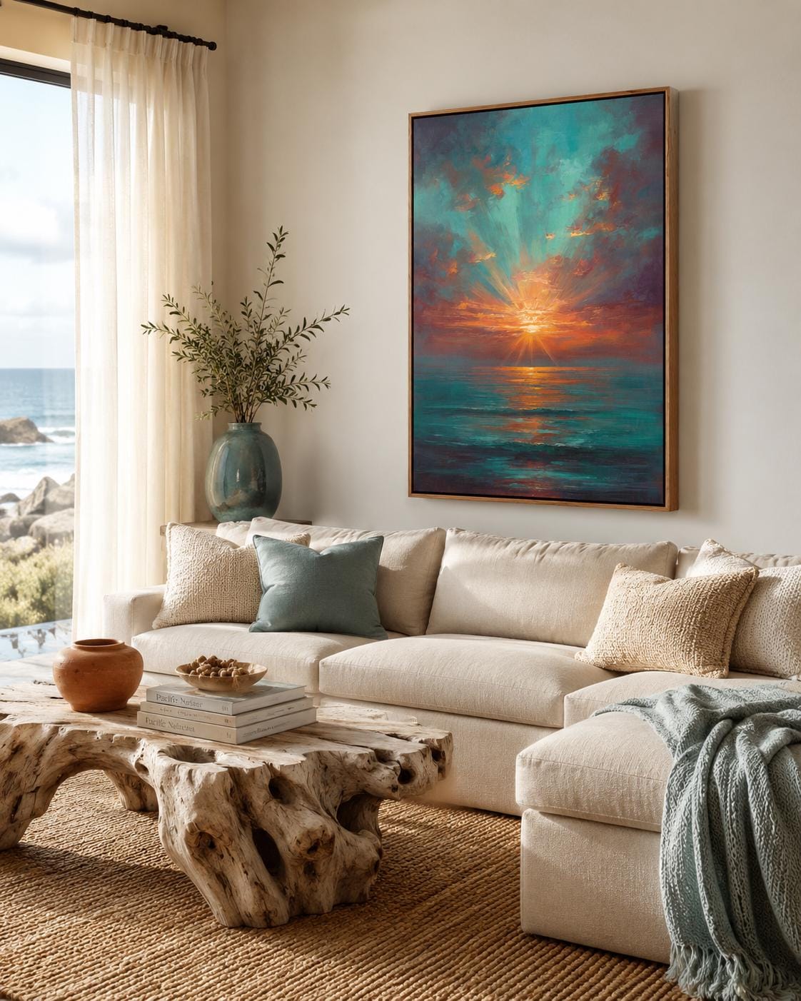 Teal and copper sunset seascape with an orange sun glowing on the ocean horizon and mirrored reflections