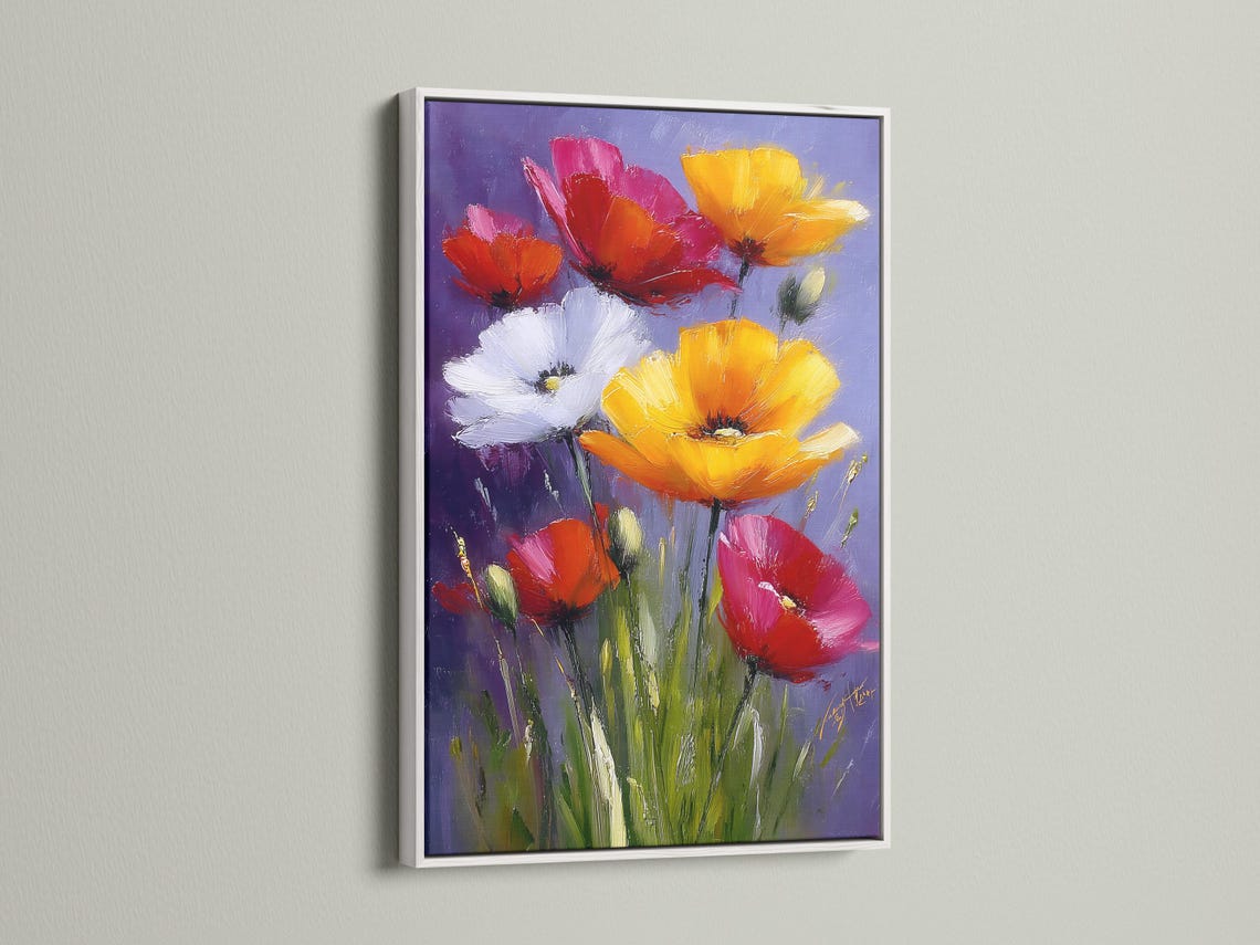 Floral artwork mockup showing a framed poppy bouquet on a light wall, with style variants on the left