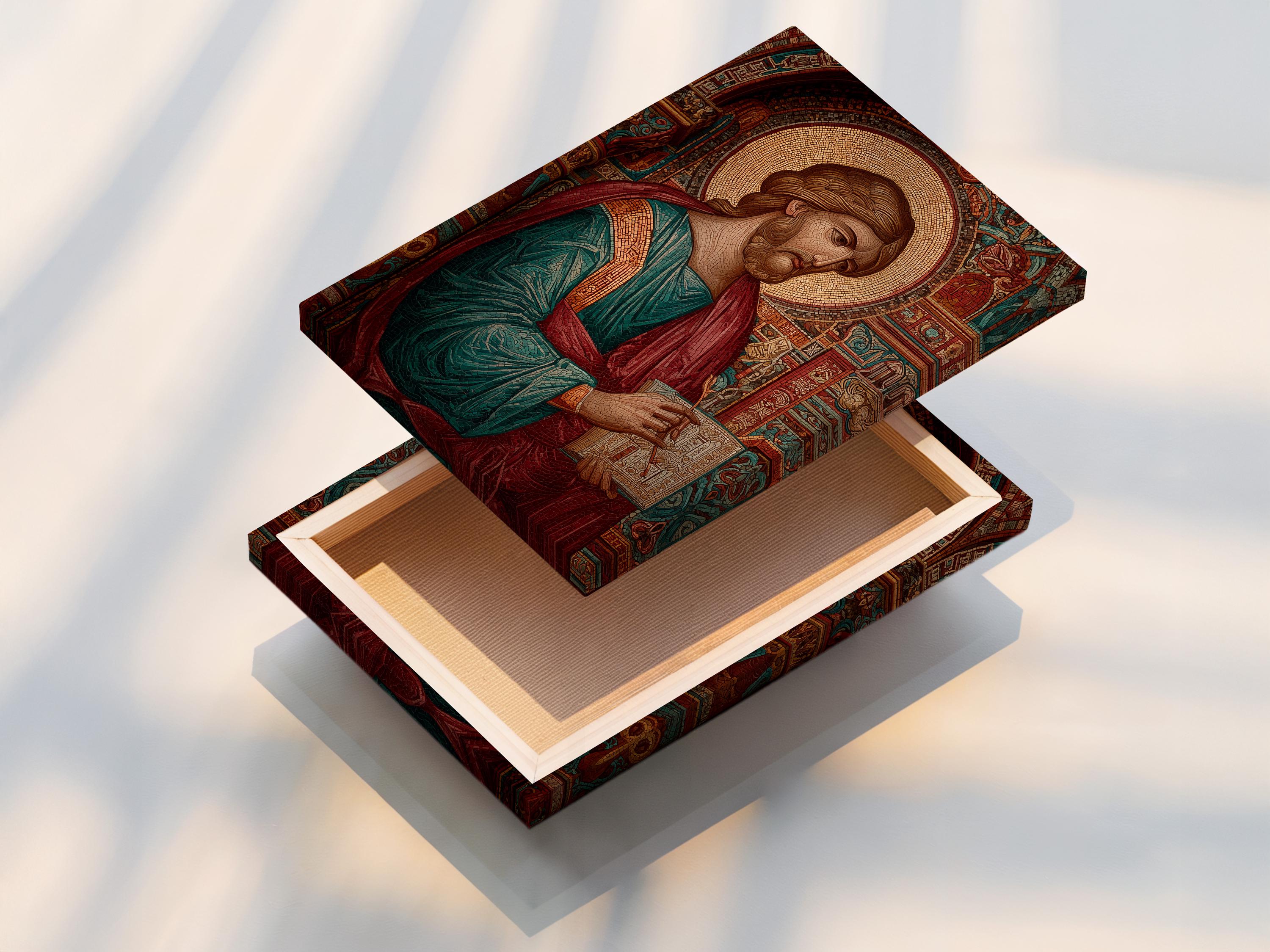 Mosaic-style saint portrait with gold halo, arched patterned background and red teal robes detail view