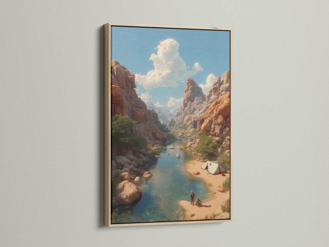 A framed desert canyon river landscape displayed with smaller preview images around it