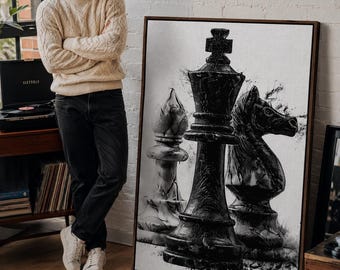 Chess King Canvas Art – Black & White Chessboard Game Artwork, Modern Minimalist Wall Decor for Game Room, Gift for Chess Player