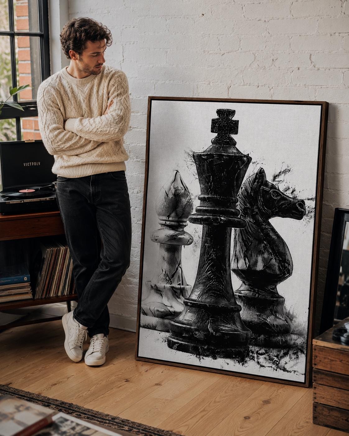 Monochrome chess artwork featuring a black king-like figure with distressed ink-splatter texture