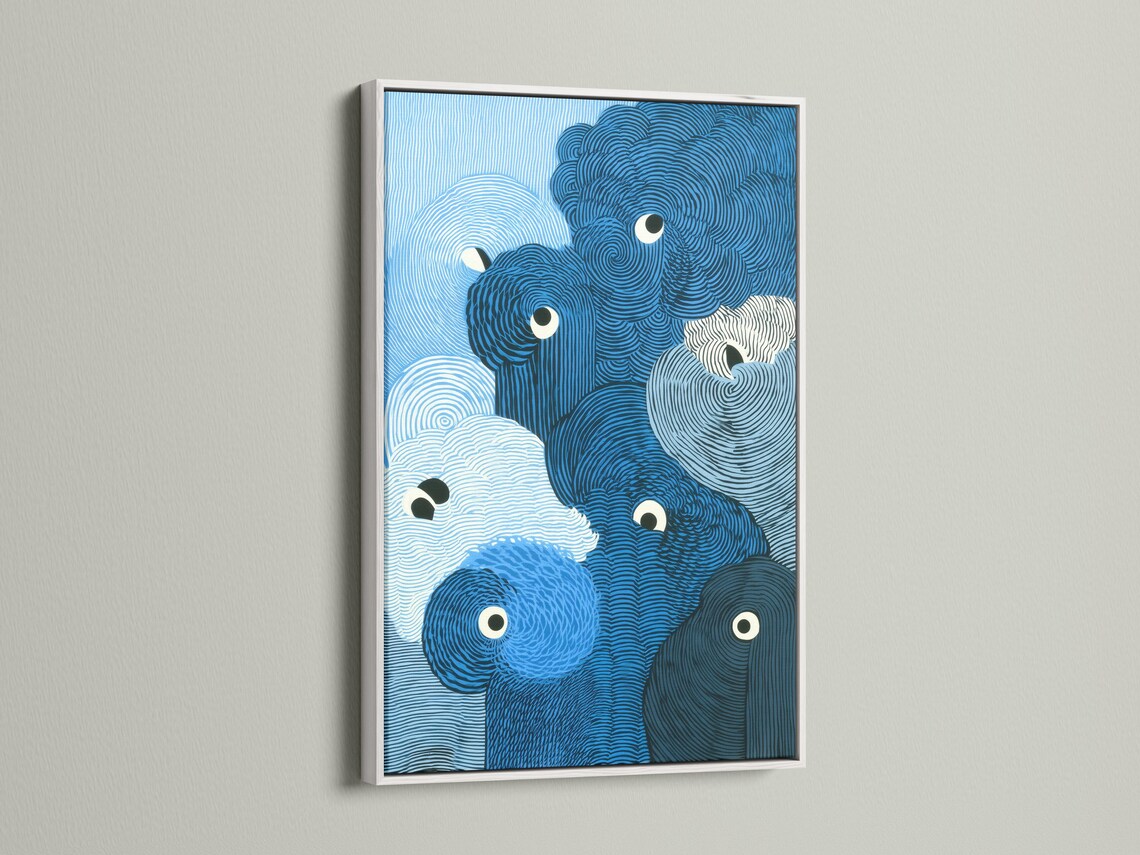 A blue animal portrait style artwork features overlapping rounded forms with spiralling contour lines and large cartoon eyes detail view