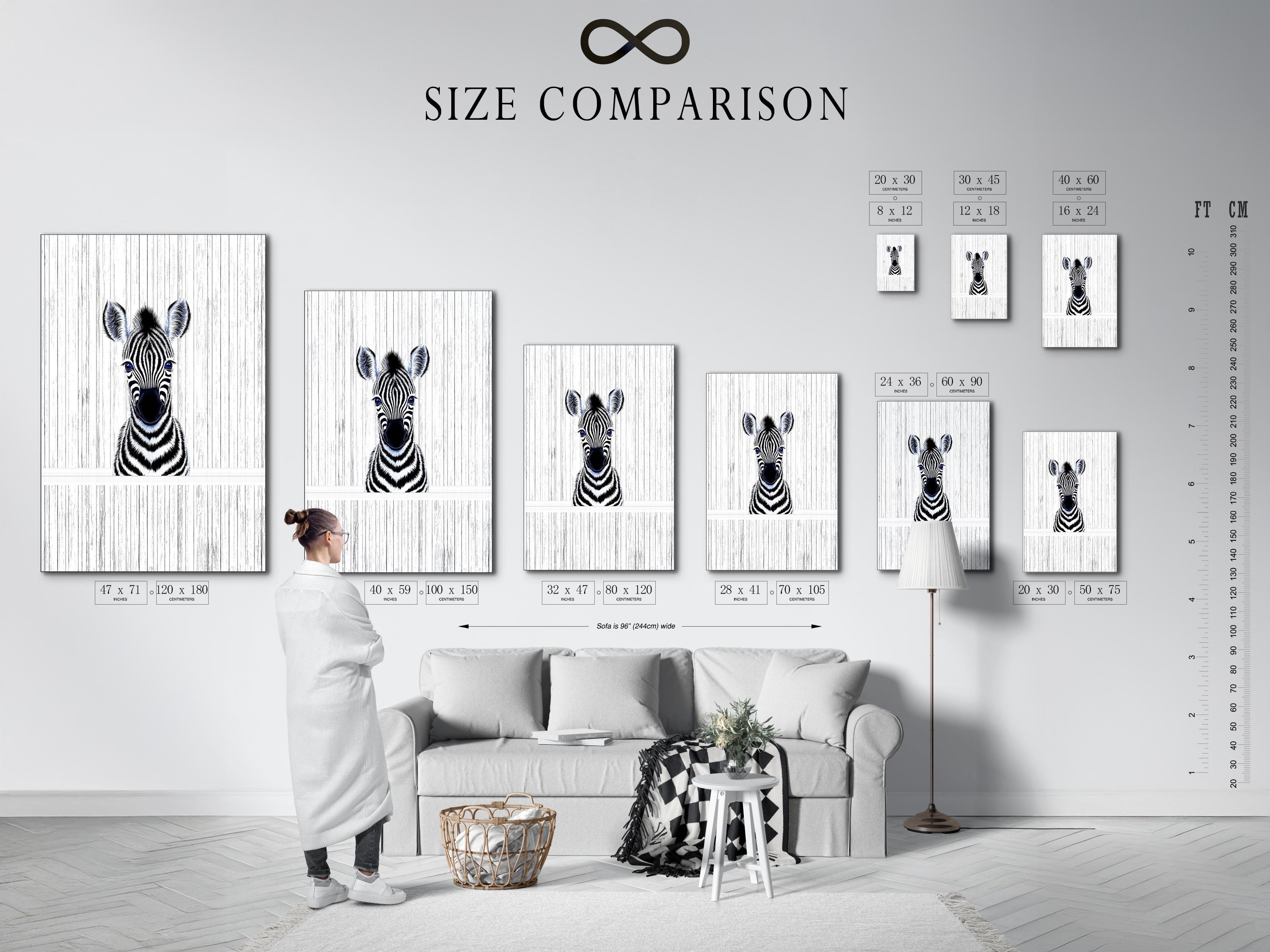 Room mockup showing framed zebra portrait wall art with black and white stripes and blue eyes