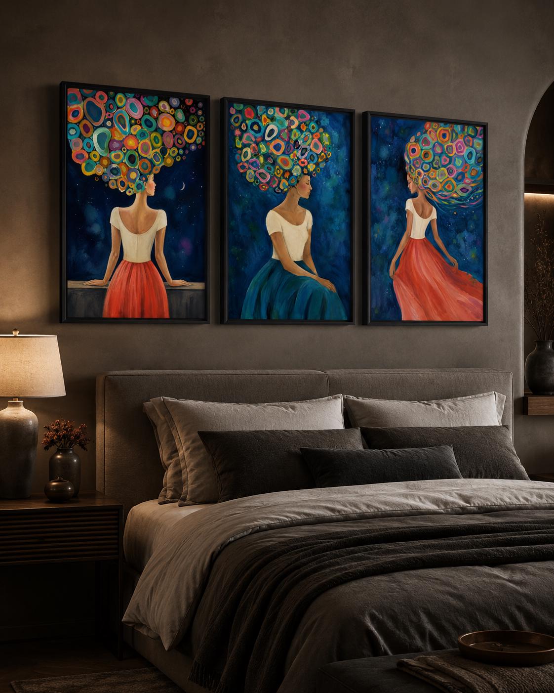 Three framed abstract female portrait artworks displayed on a wall