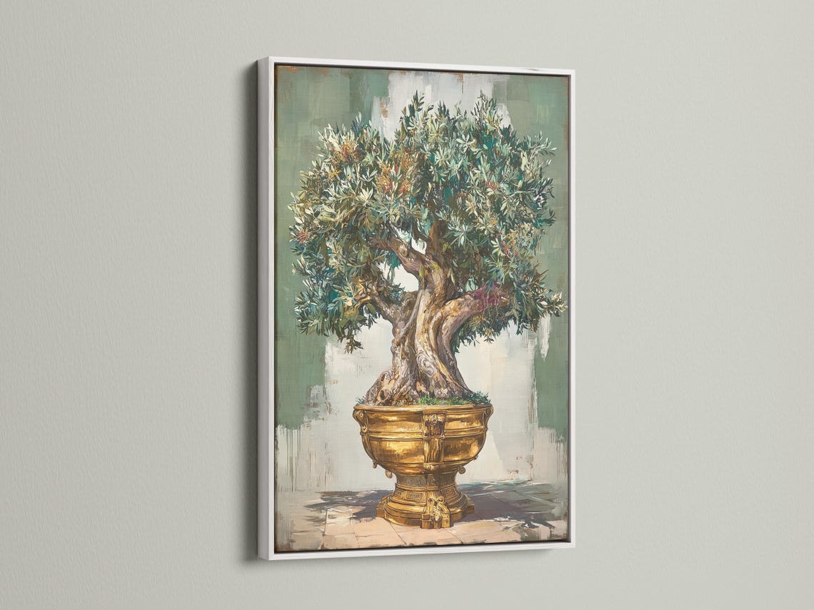 Room mockup showing olive tree wall artwork in a framed presentation