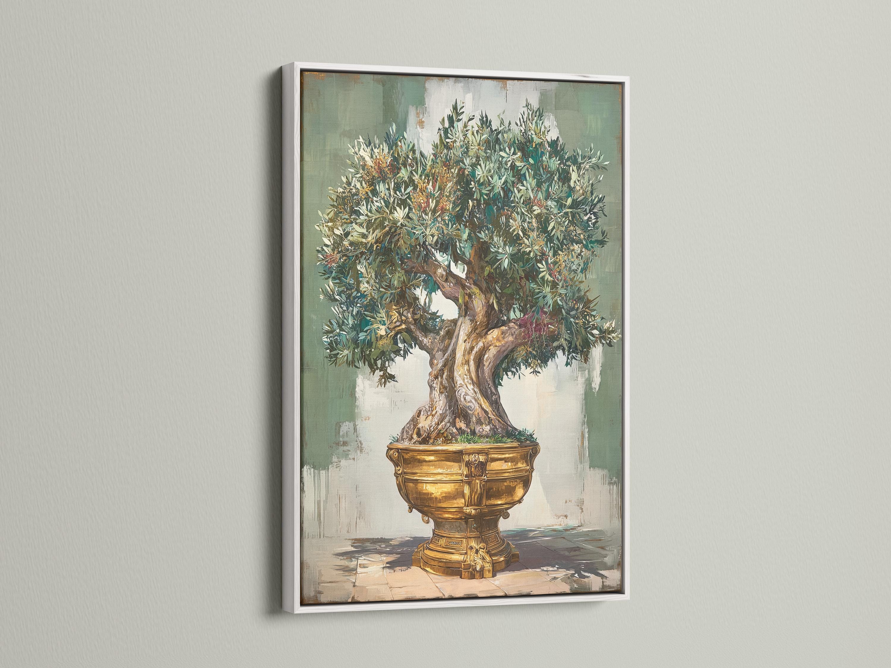 Room mockup showing olive tree wall artwork in a framed presentation