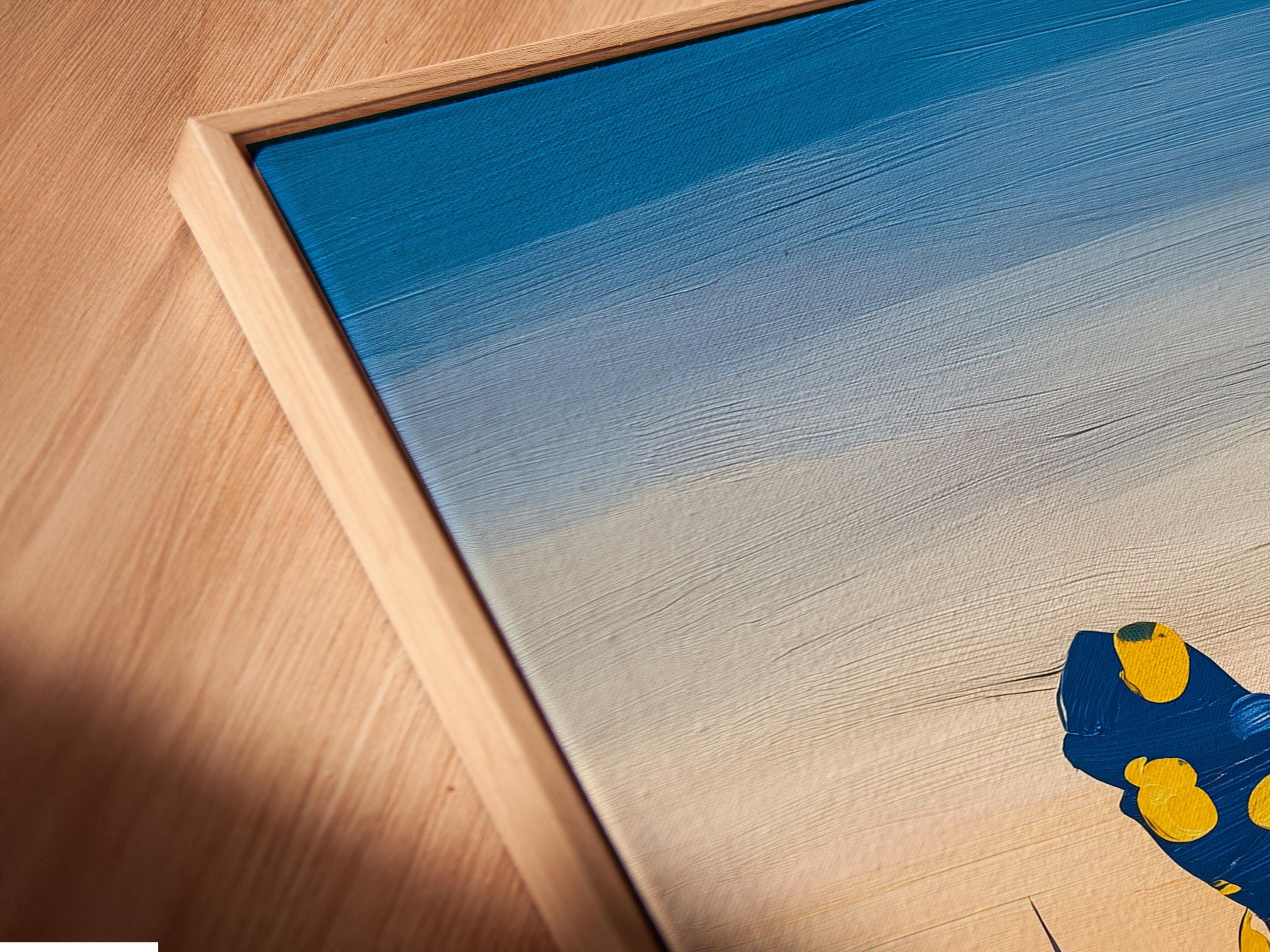 Framed artwork mockup showing two stylised women figures in bright colours with a city skyline background