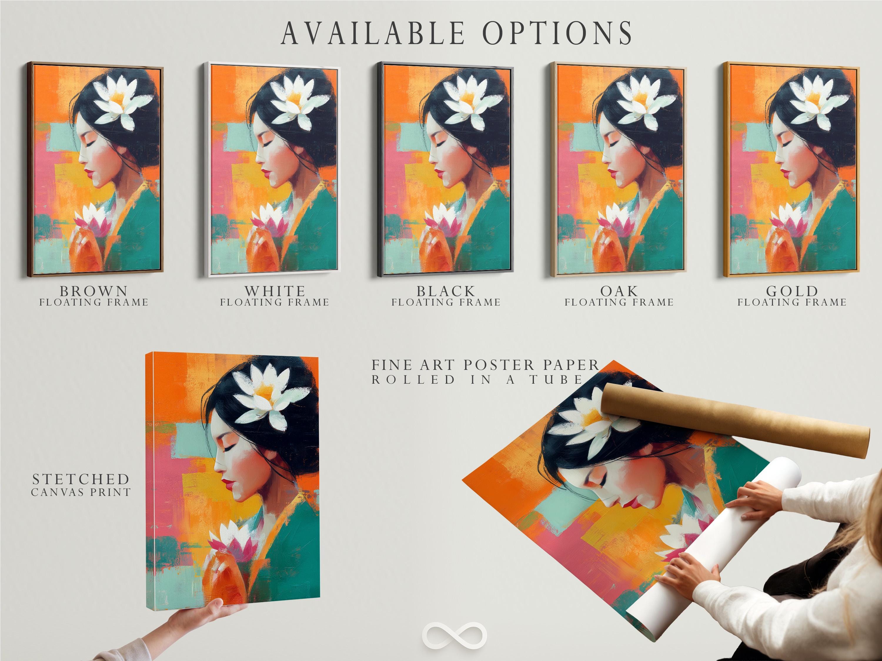 An abstract portrait of a woman in side profile appears alongside large lotus flowers, set against bright patchwork colours with bold painterly brush