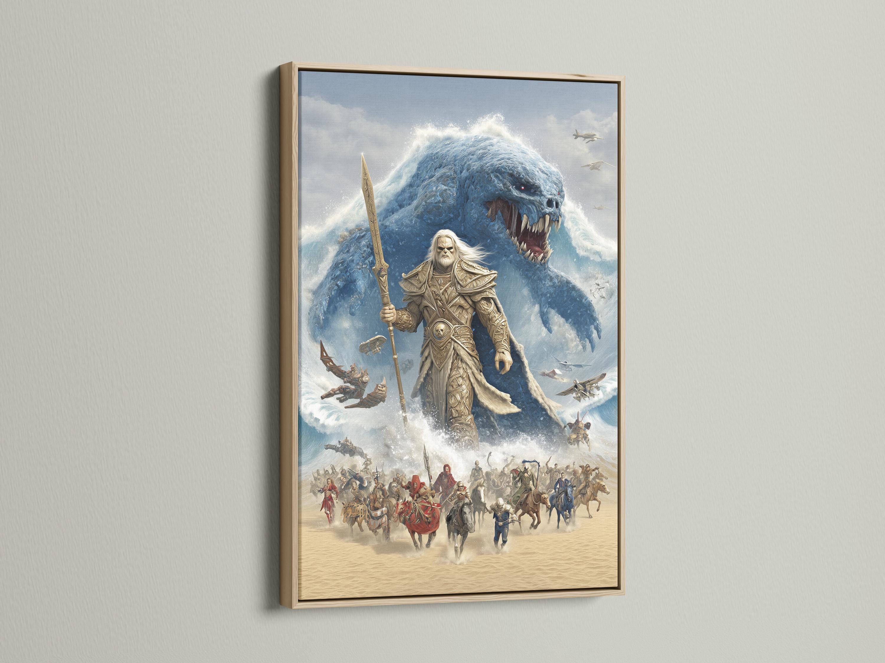 Blue sea monster lunging at a spear-wielding warrior in a stormy fantasy battle scene detail view