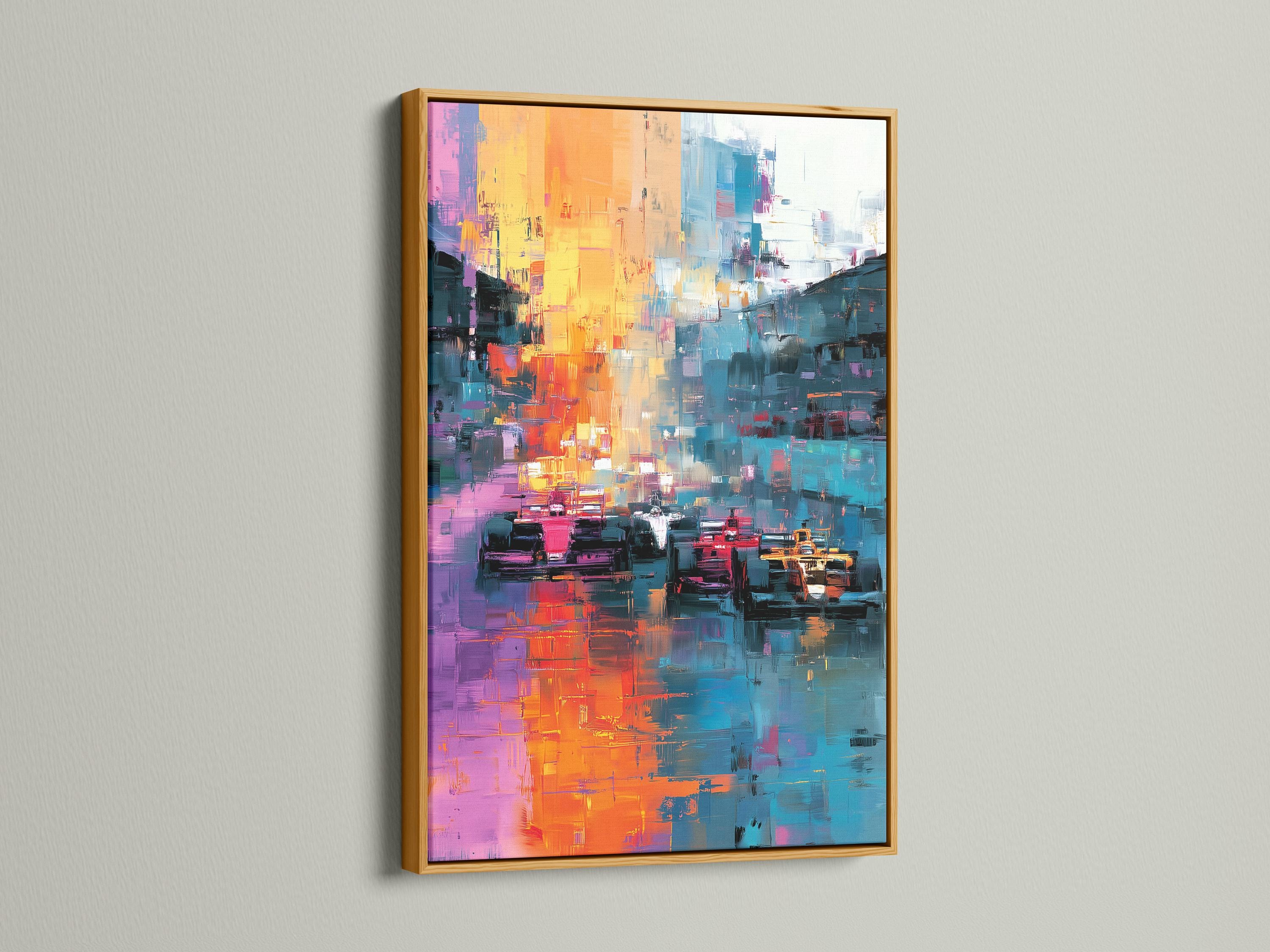 Room mockup with a large framed abstract cityscape artwork above a seating area