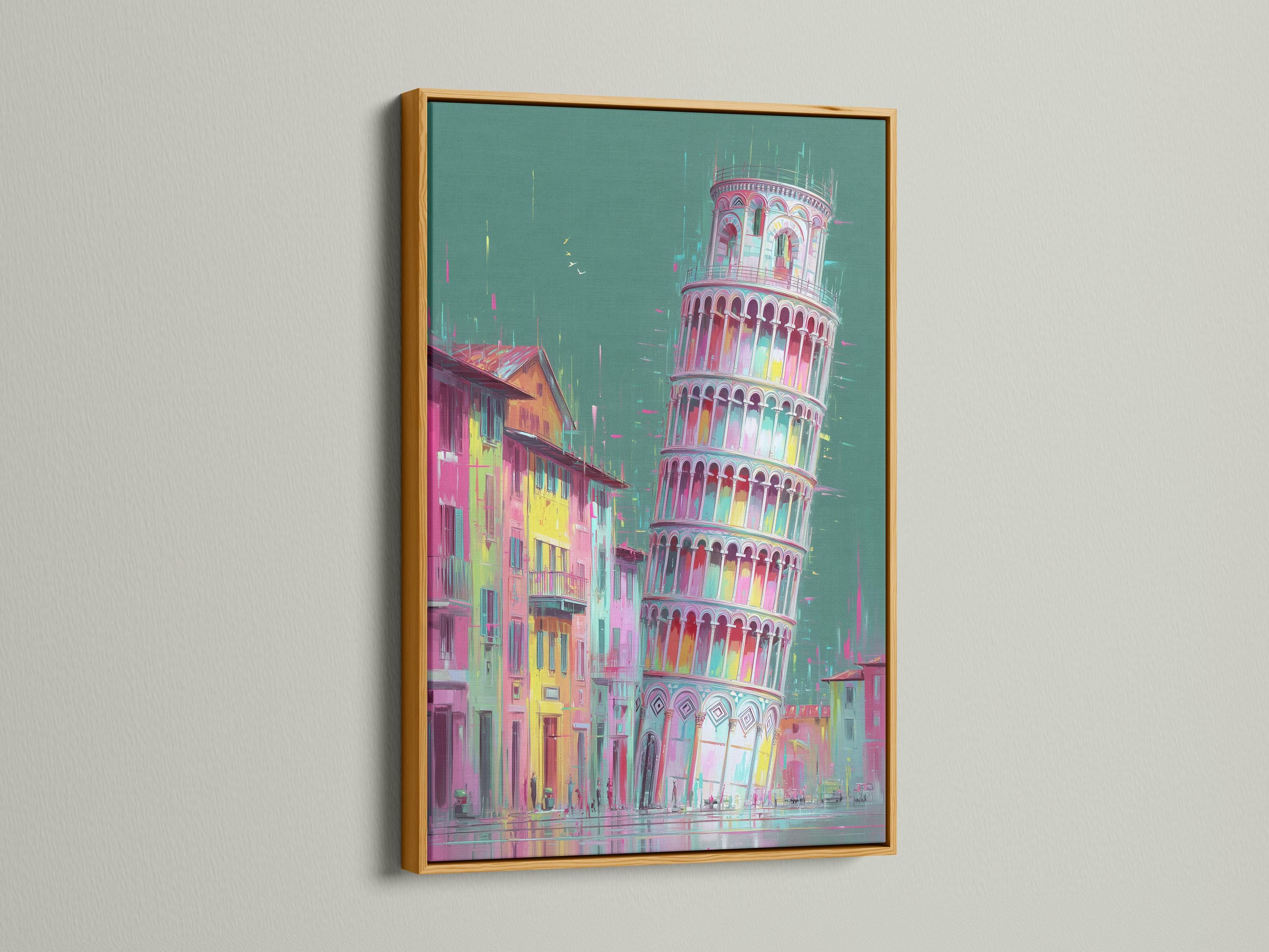 Stylised tall tower and city street in teal, pink, yellow and cyan detail view