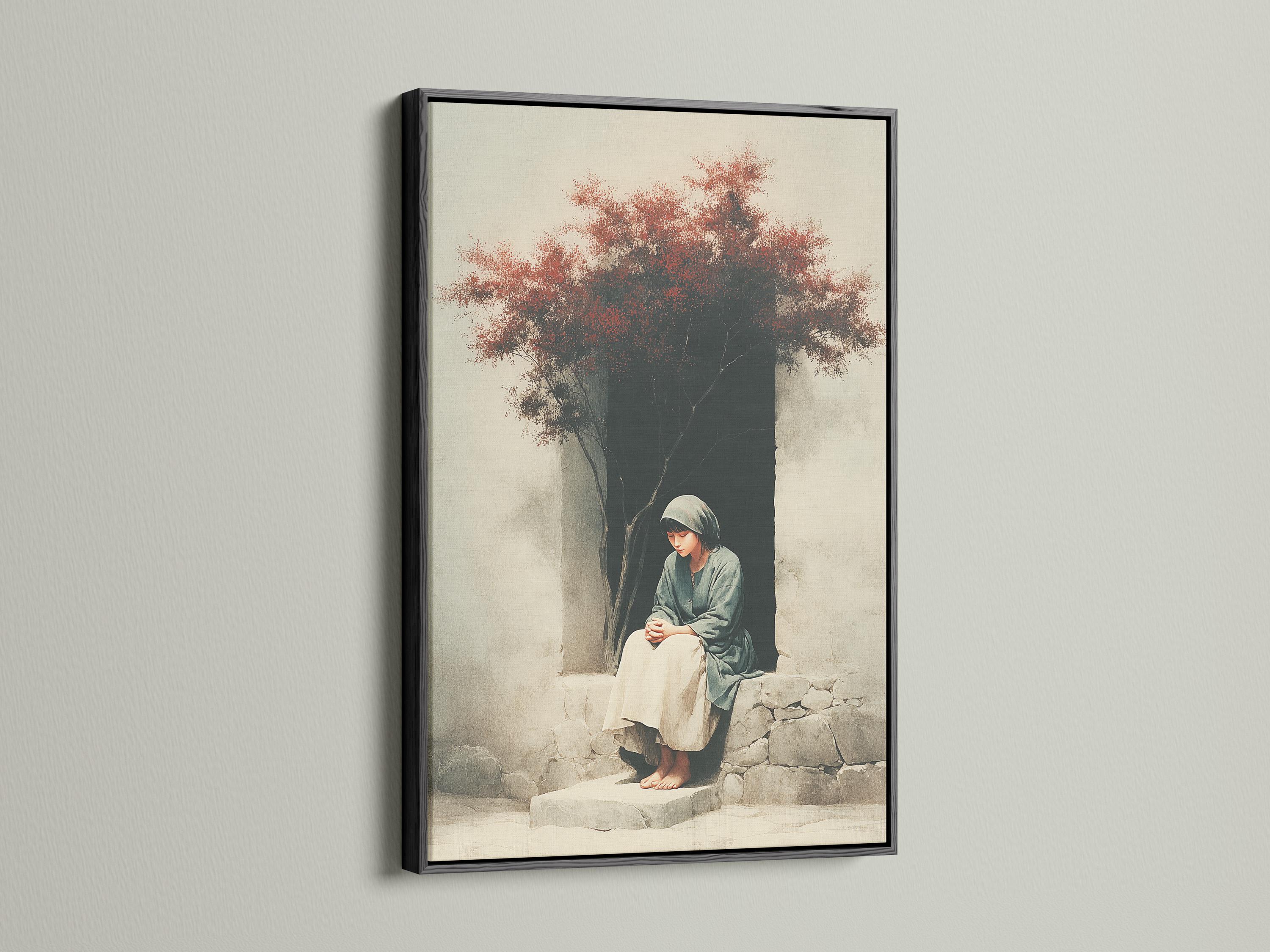 Seated hooded figure by cracked stone steps with dark tree trunk and speckled red foliage canopy detail view