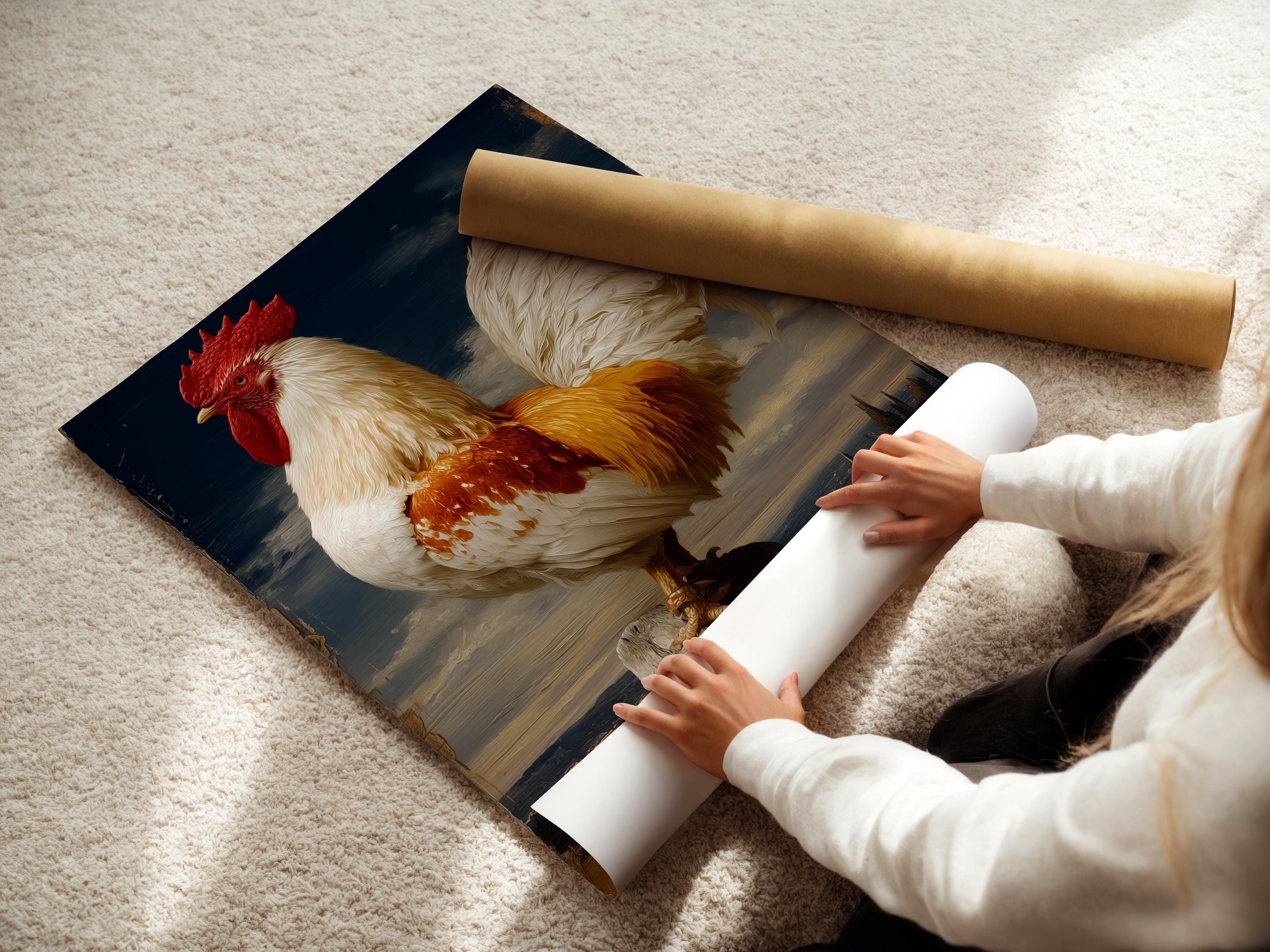 Vintage rooster portrait with red comb and pale feathers in a countryside landscape detail view