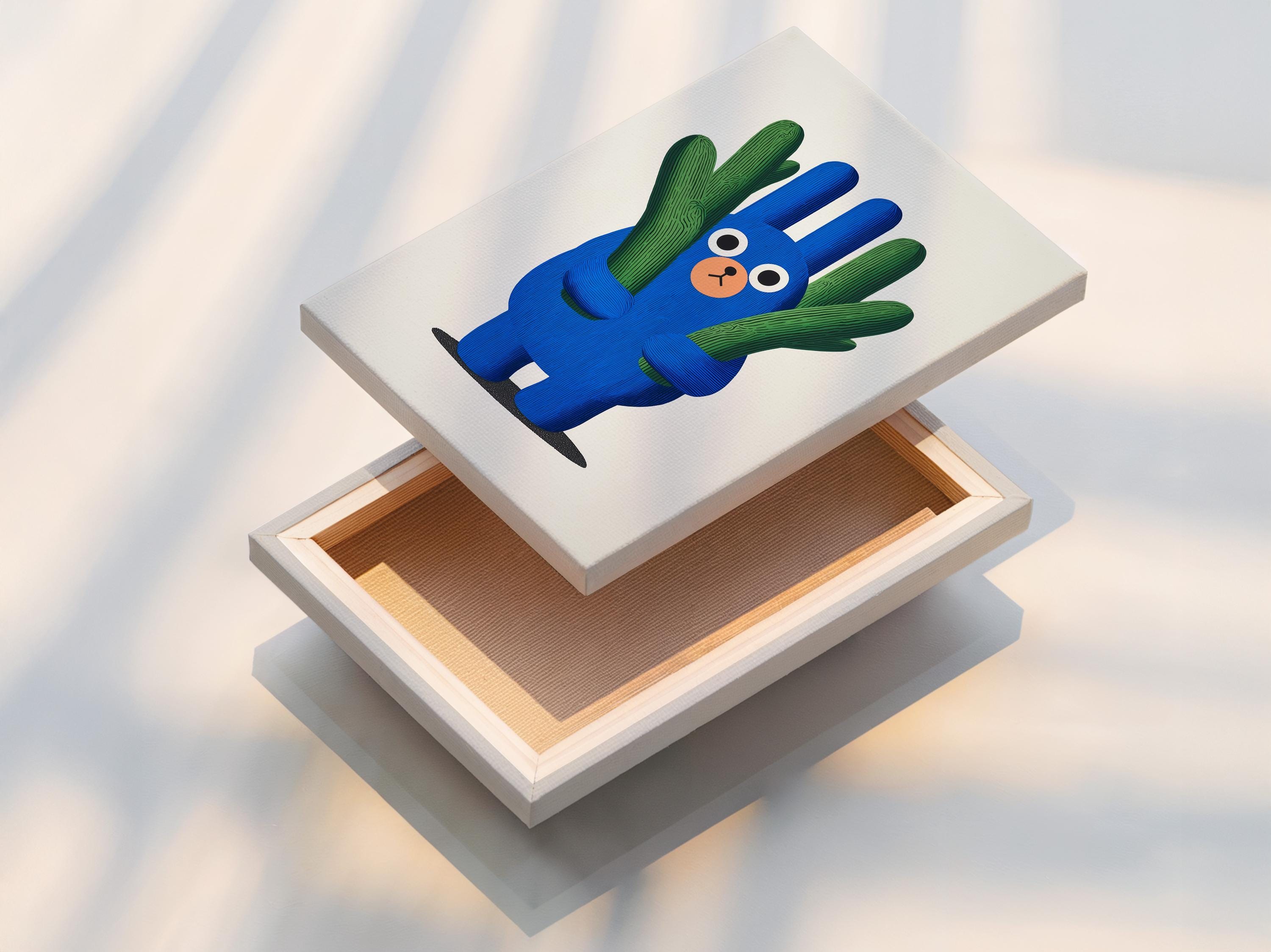 Blue cartoon bear holding green cactus arms on an off-white background detail view