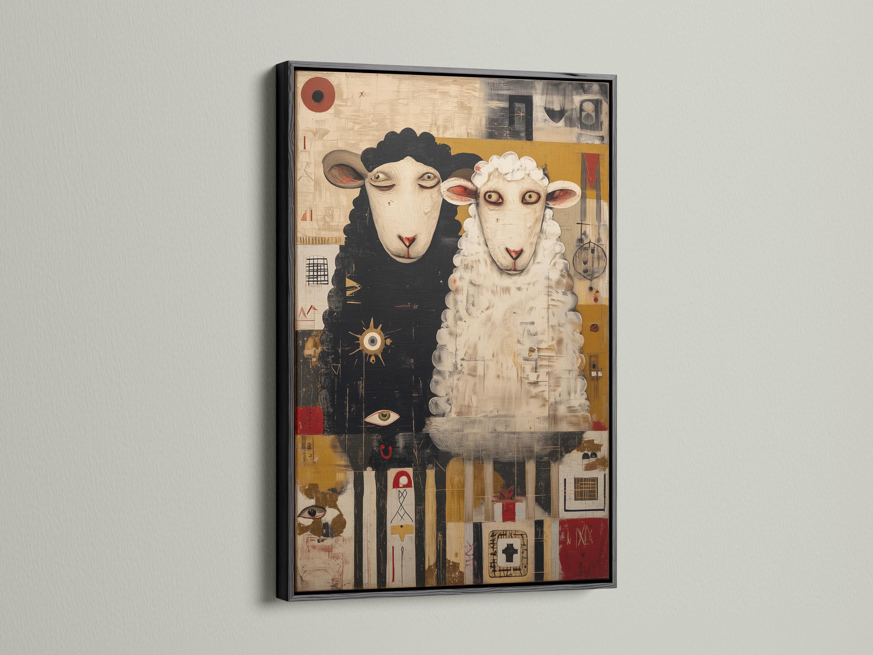 Room mockup showing a framed sheep duo artwork