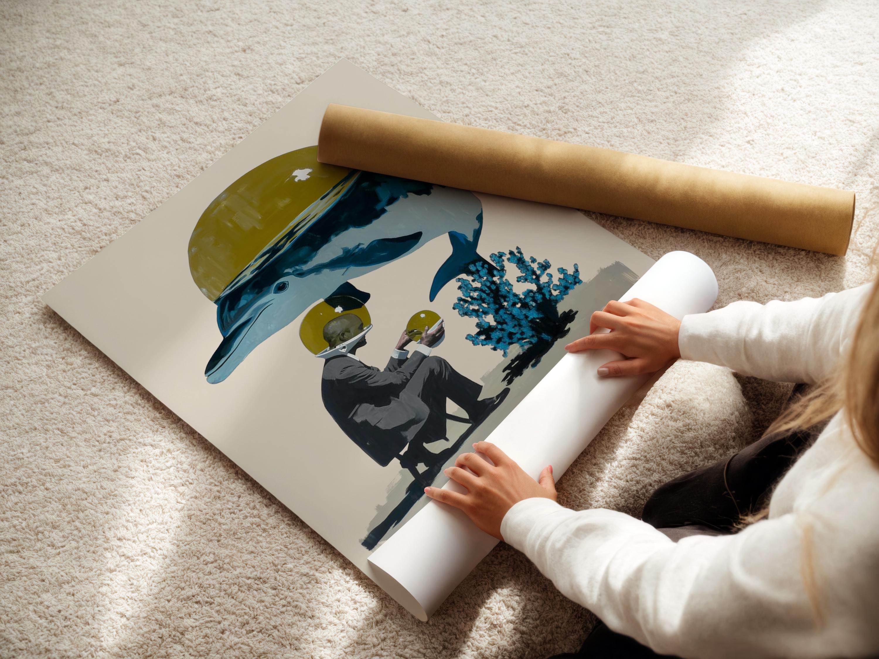 Surreal dolphin in blue with a yellow helmet-like dome and a person holding a round yellow object detail view
