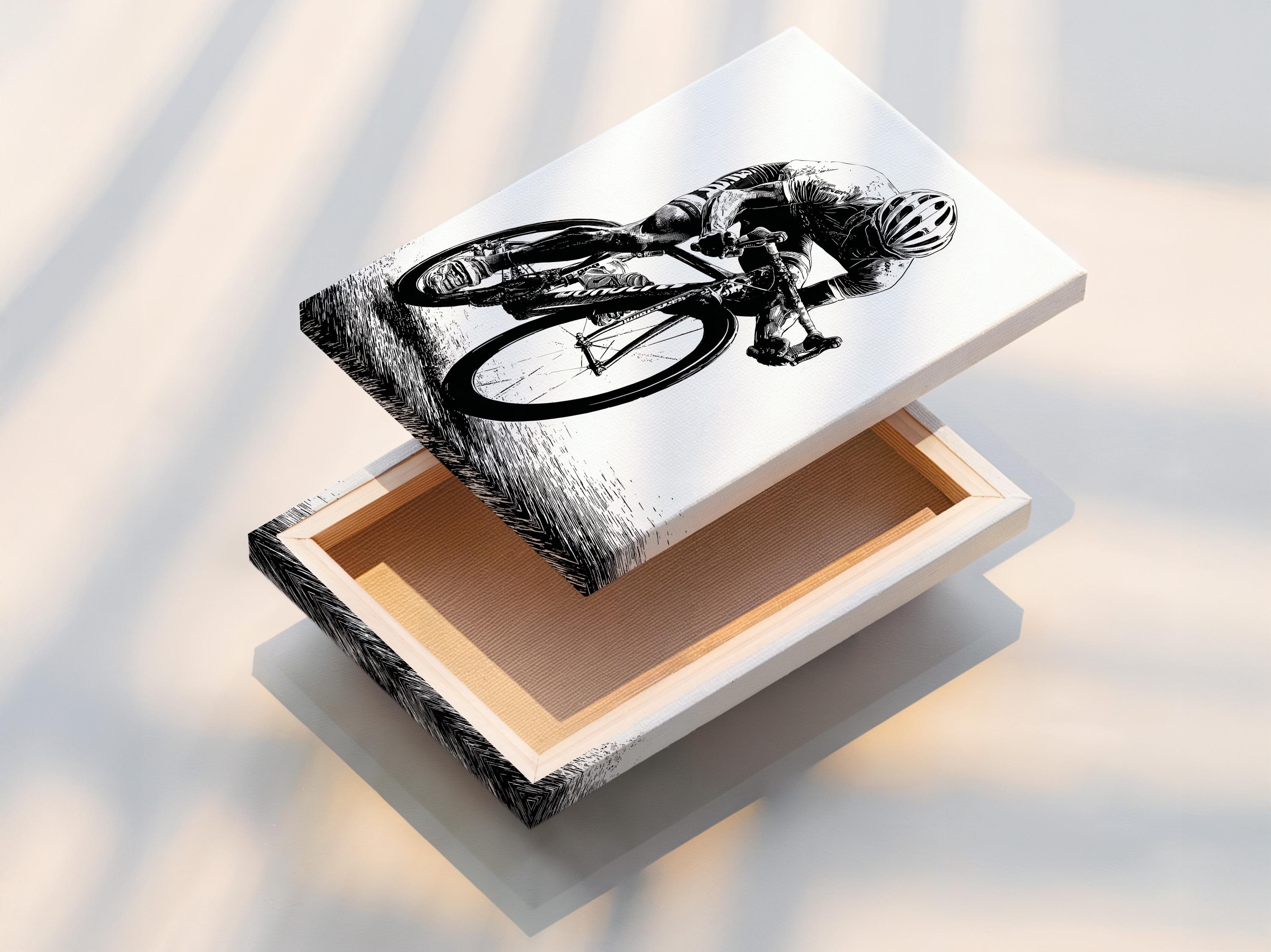 Room mockup showing a framed black and white cyclist illustration on a wall