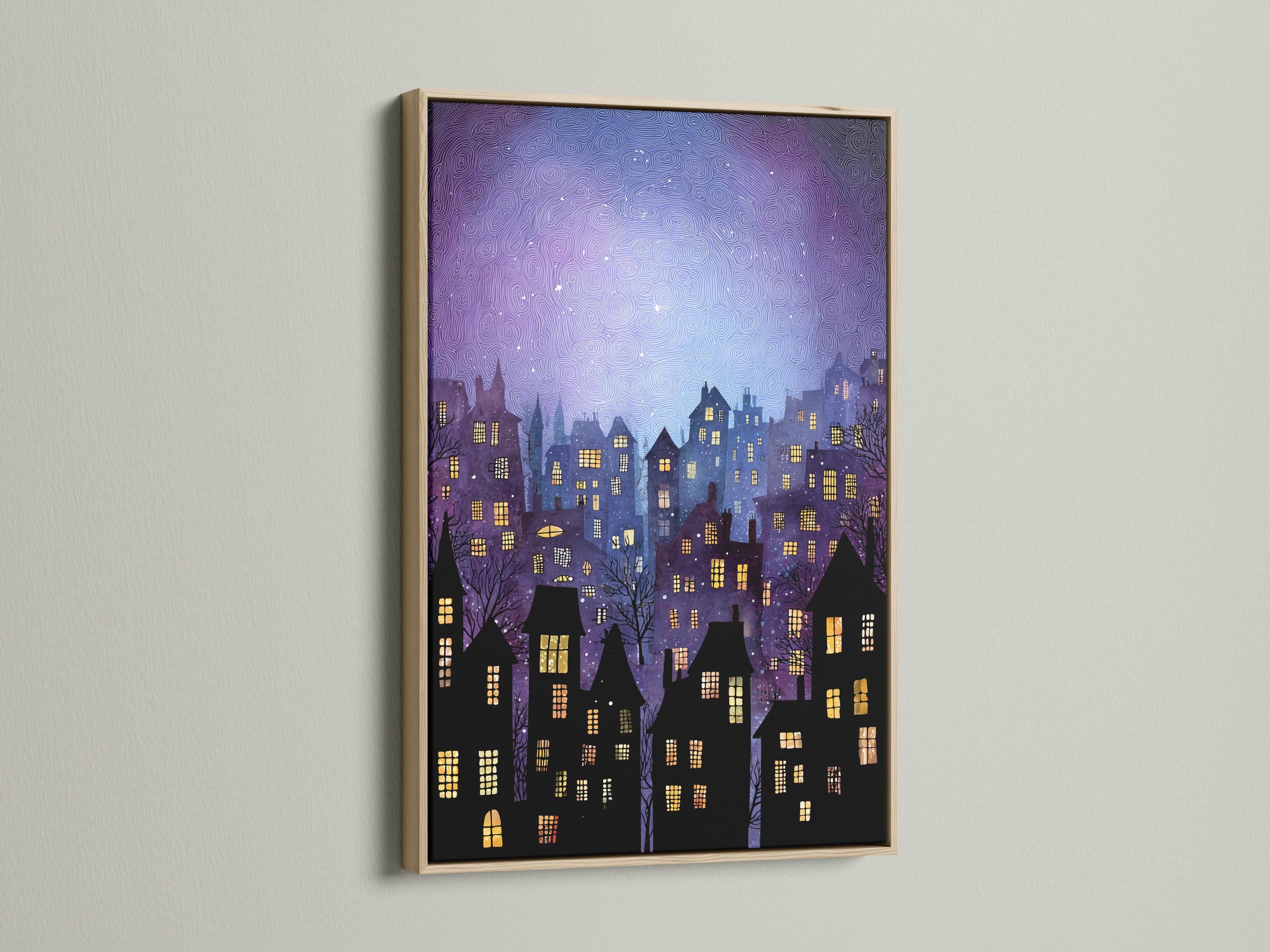 Night cityscape with purple sky, moon glow, black buildings and glowing yellow windows detail view