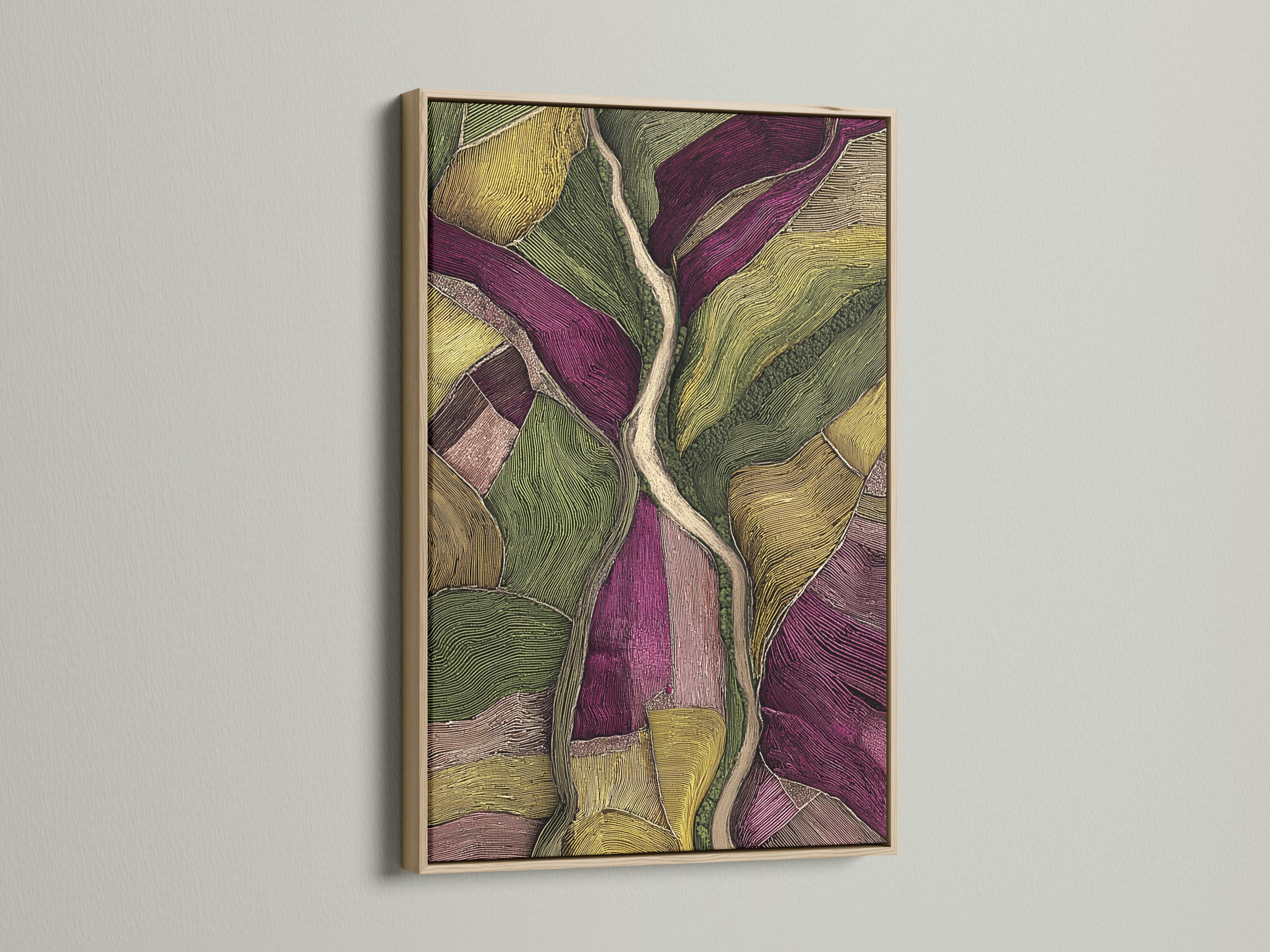 Room mockup with a framed abstract landscape artwork in green and plum tones