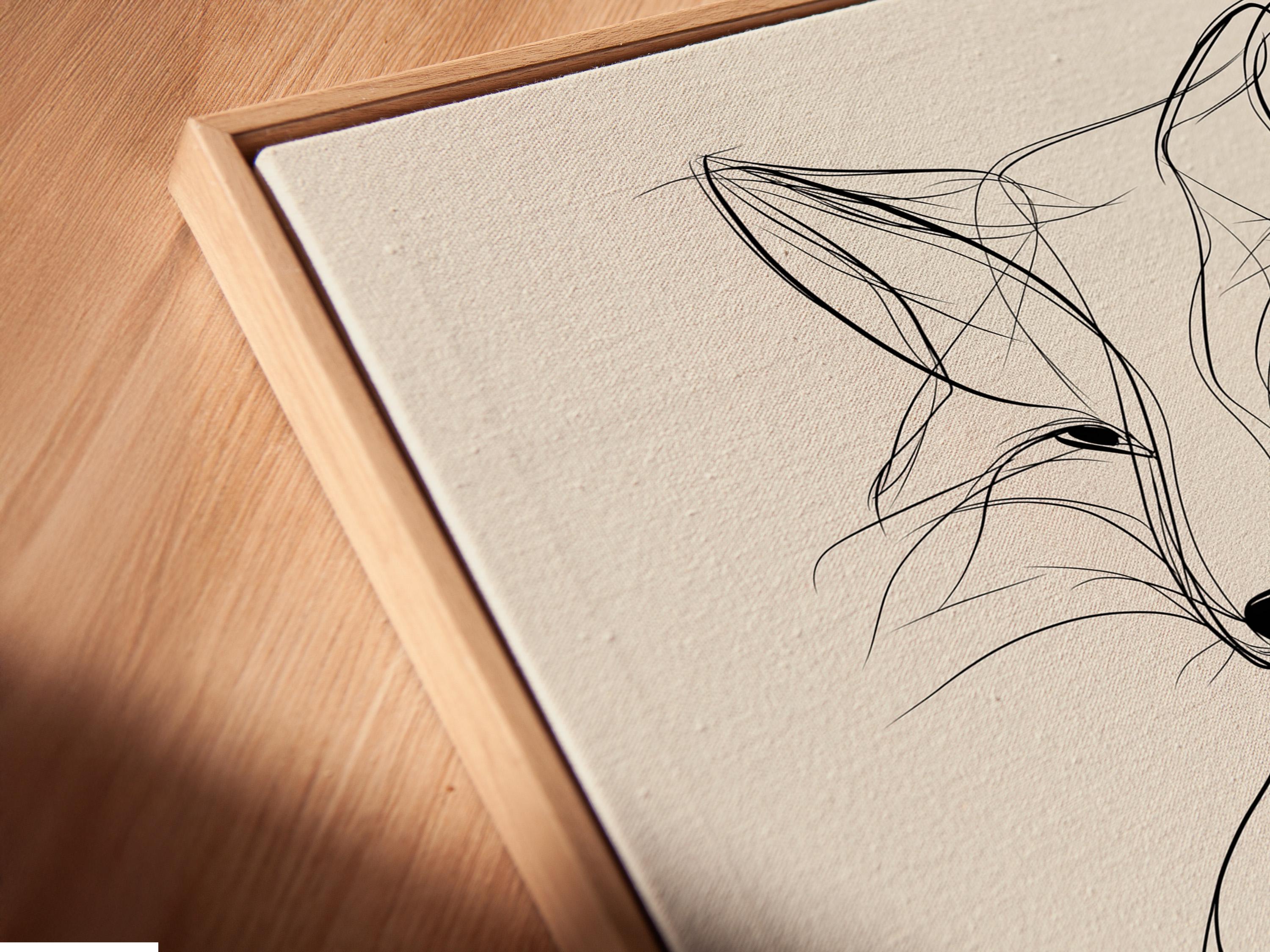 Minimalist fox line drawing in black on a warm beige background detail view