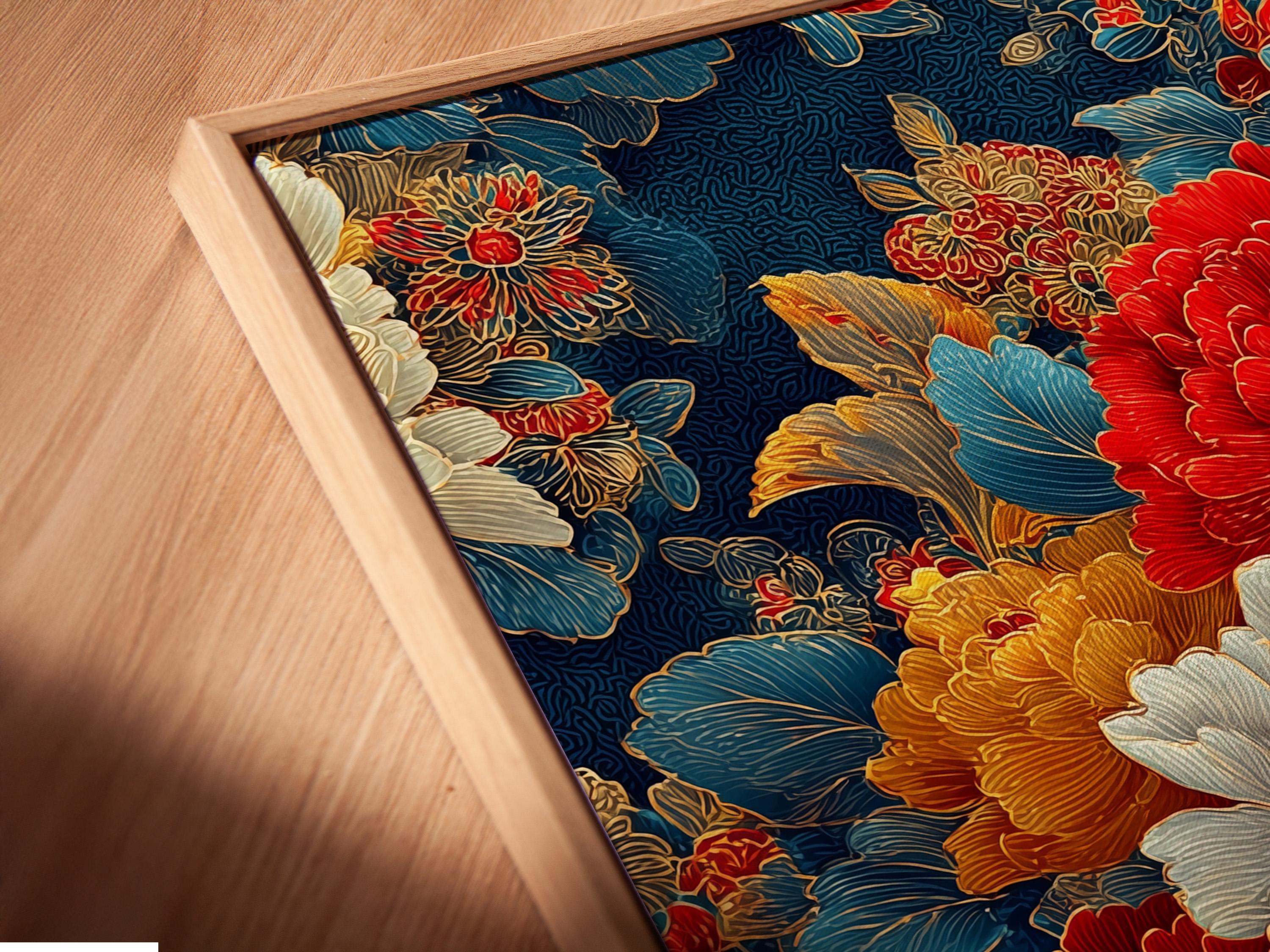 Wall mockup showing an ornate floral artwork with red peonies and cream petals framed against a light background