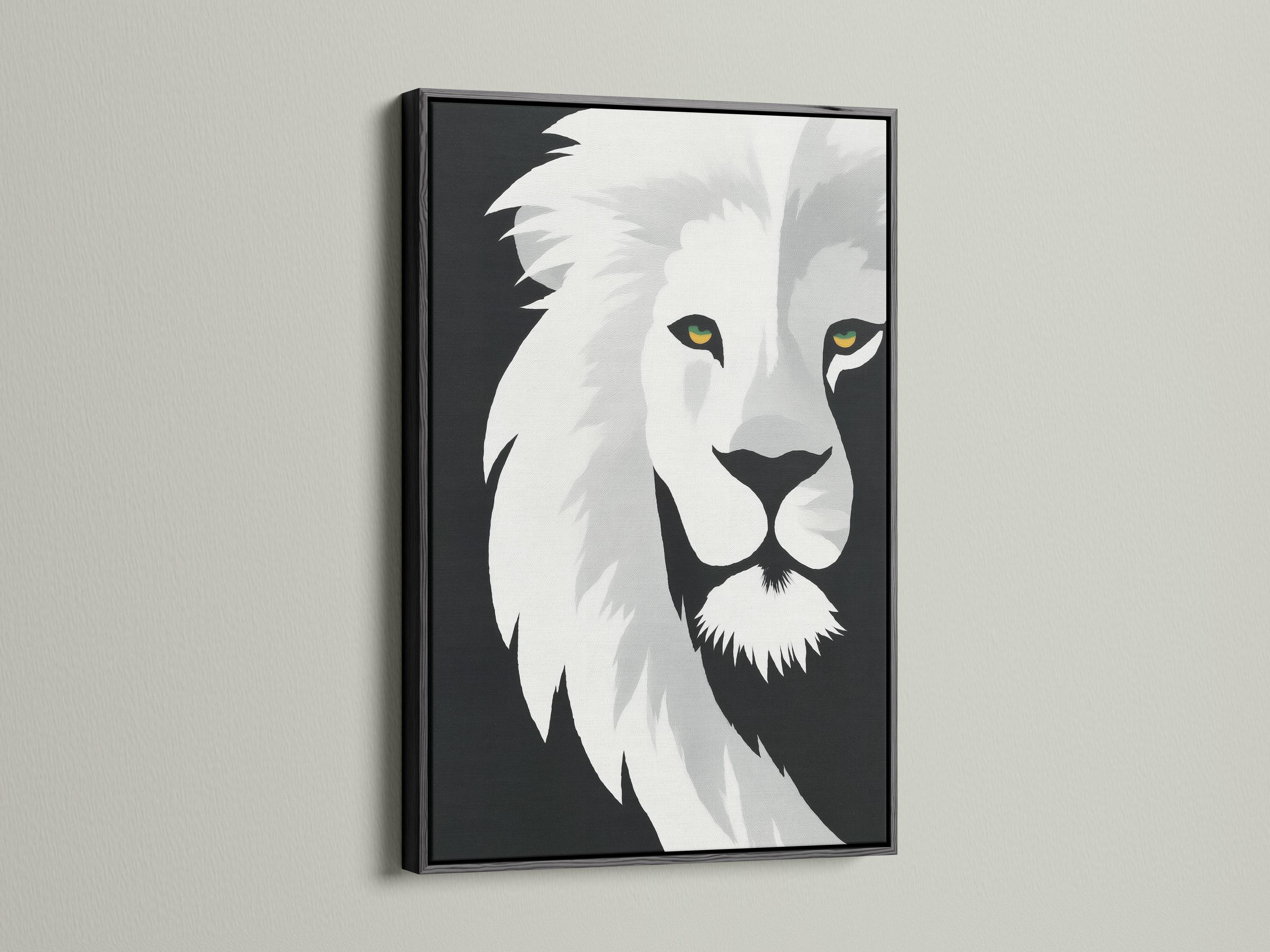 Monochrome lion portrait artwork with stylised mane and yellow-green eye highlights detail view