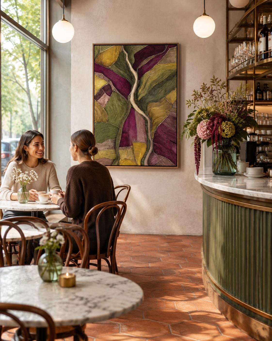Room mockup with a framed abstract landscape artwork in green and plum tones