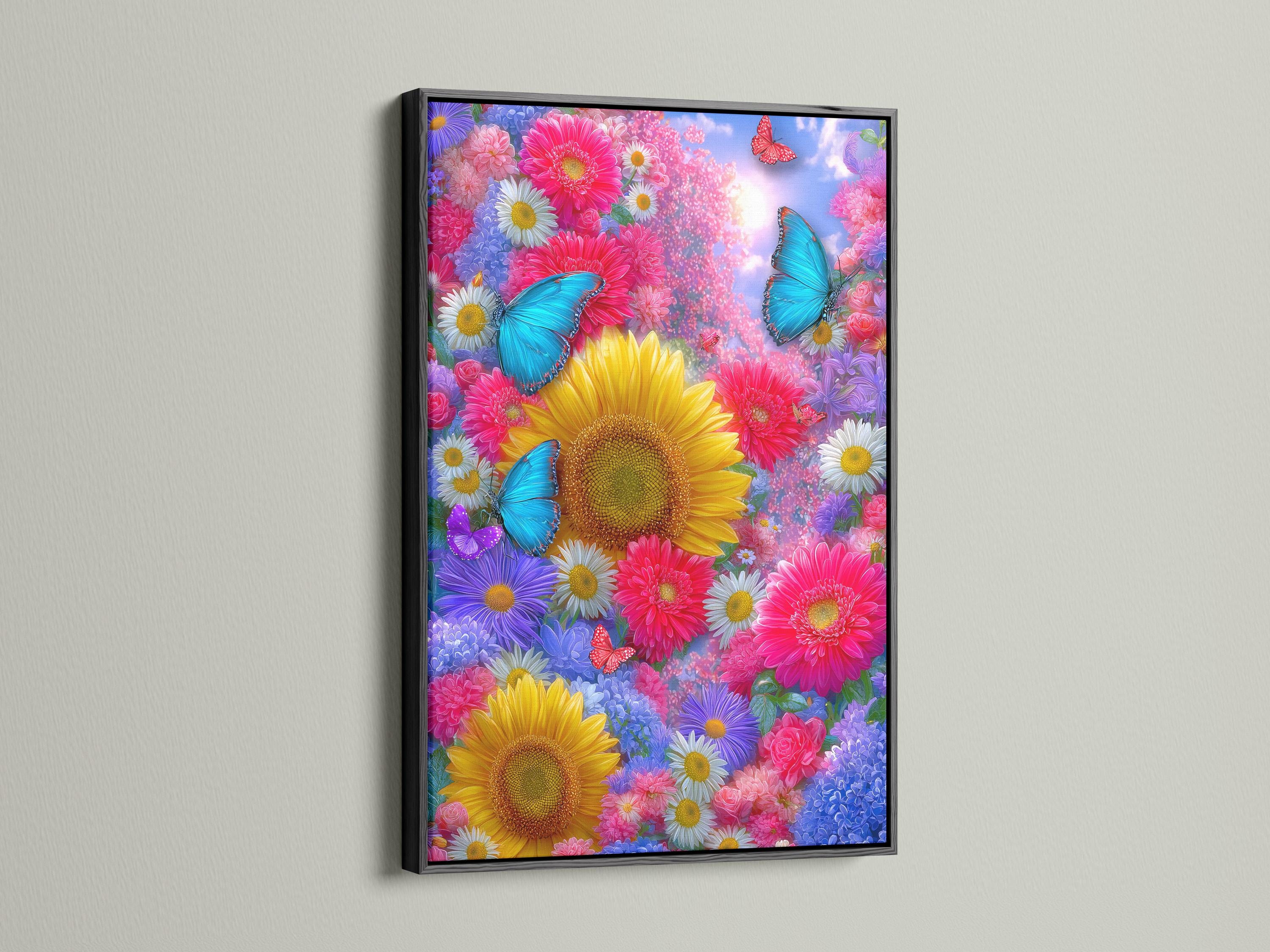 Framed butterfly and sunflower floral artwork mockup on a neutral background