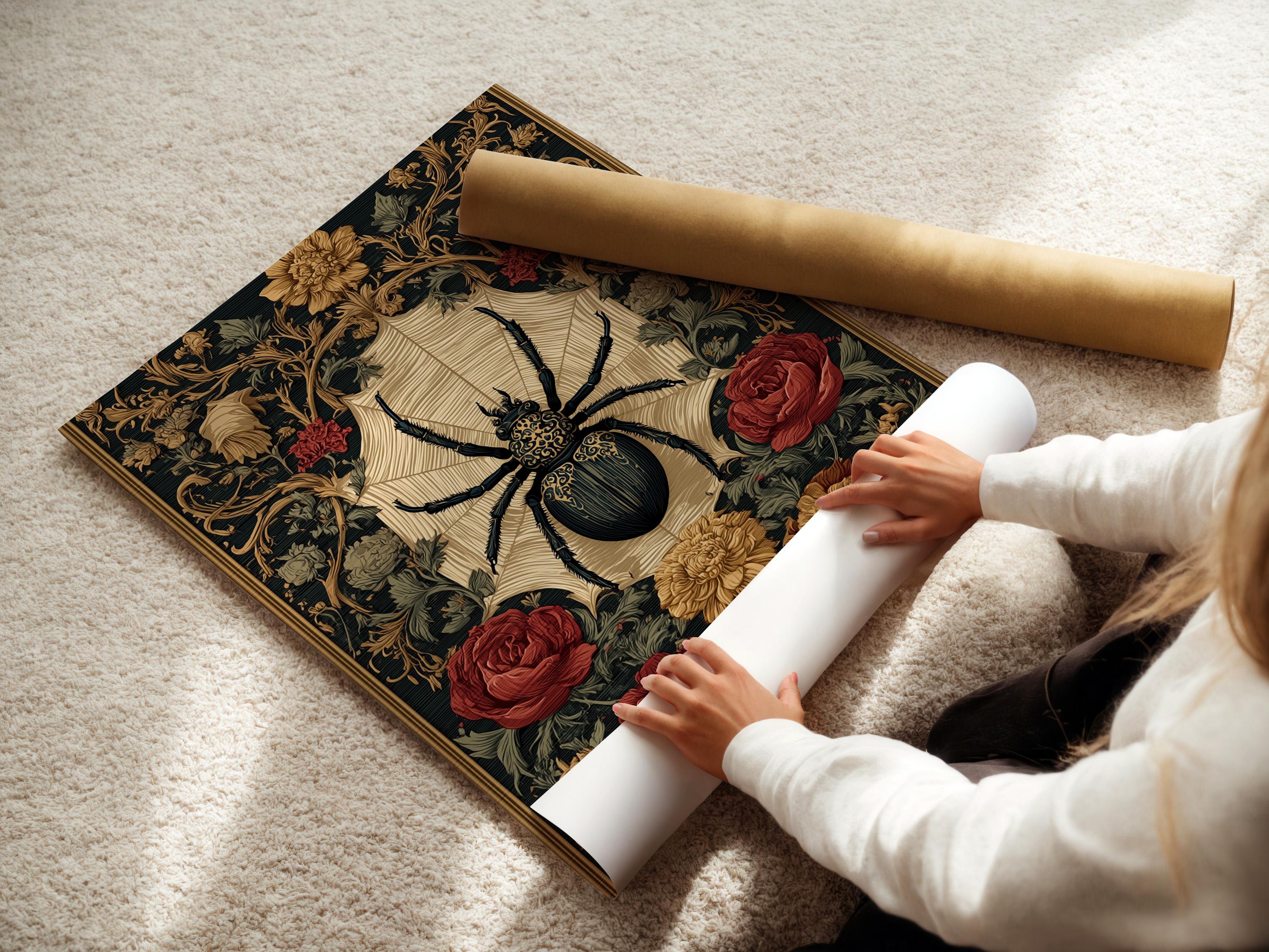 Gothic artwork with a central black spider, cream starburst, and roses detail view