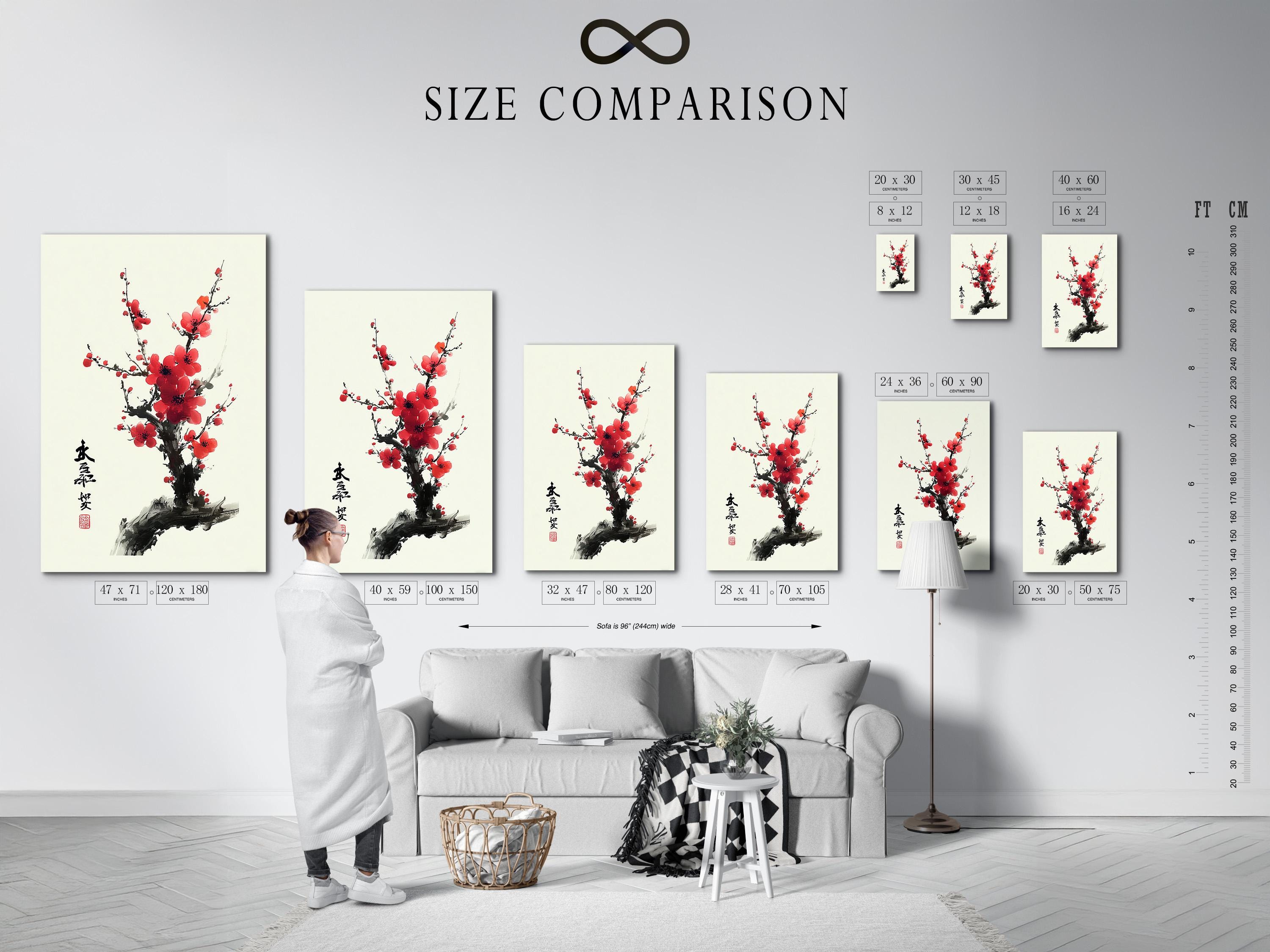 Red plum blossom flowers on dark ink branches with vertical calligraphy and a red seal stamp detail view