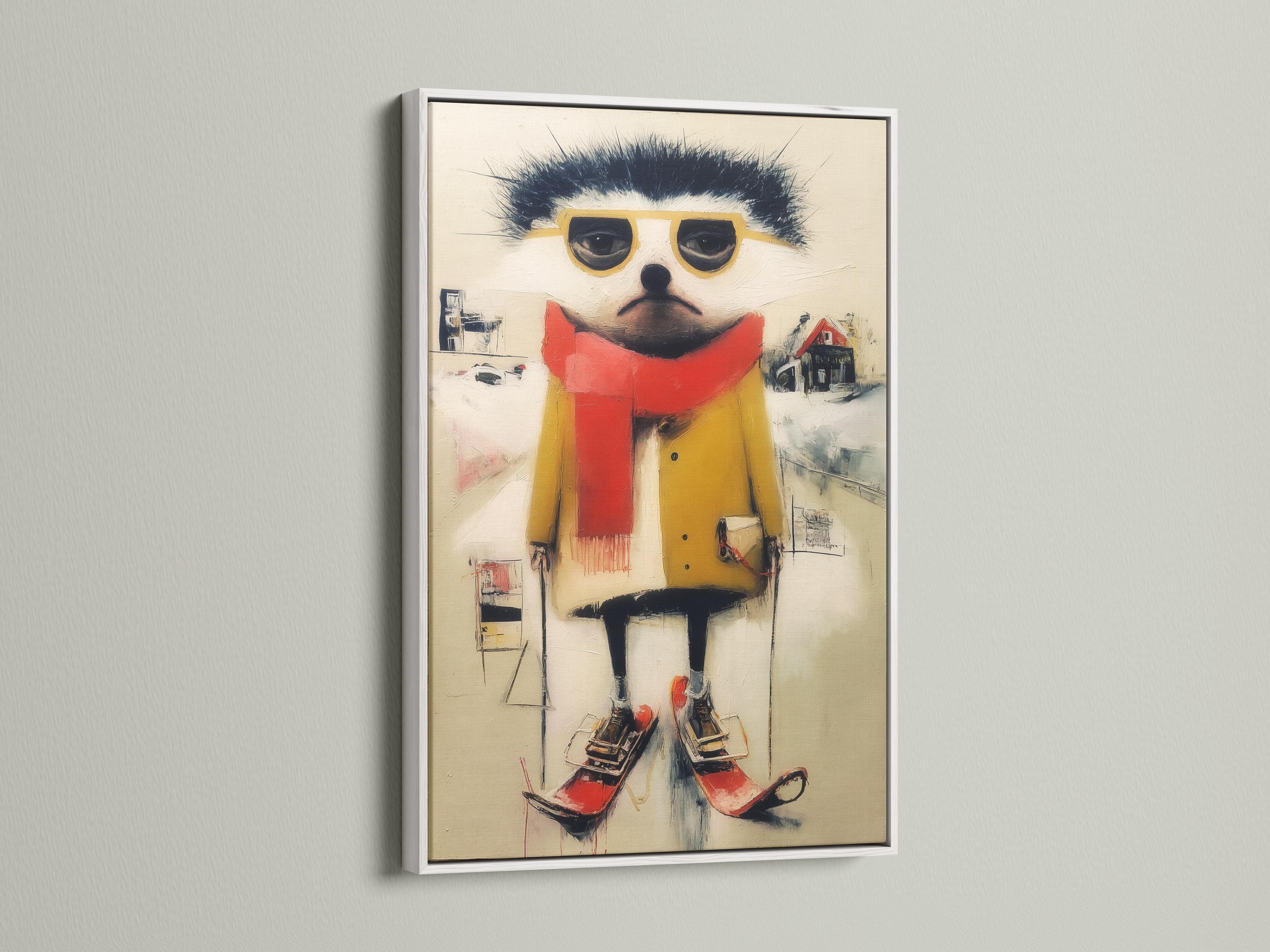 Stylised winter ski animal with dark fur, oversized yellow glasses, red scarf and red boots detail view