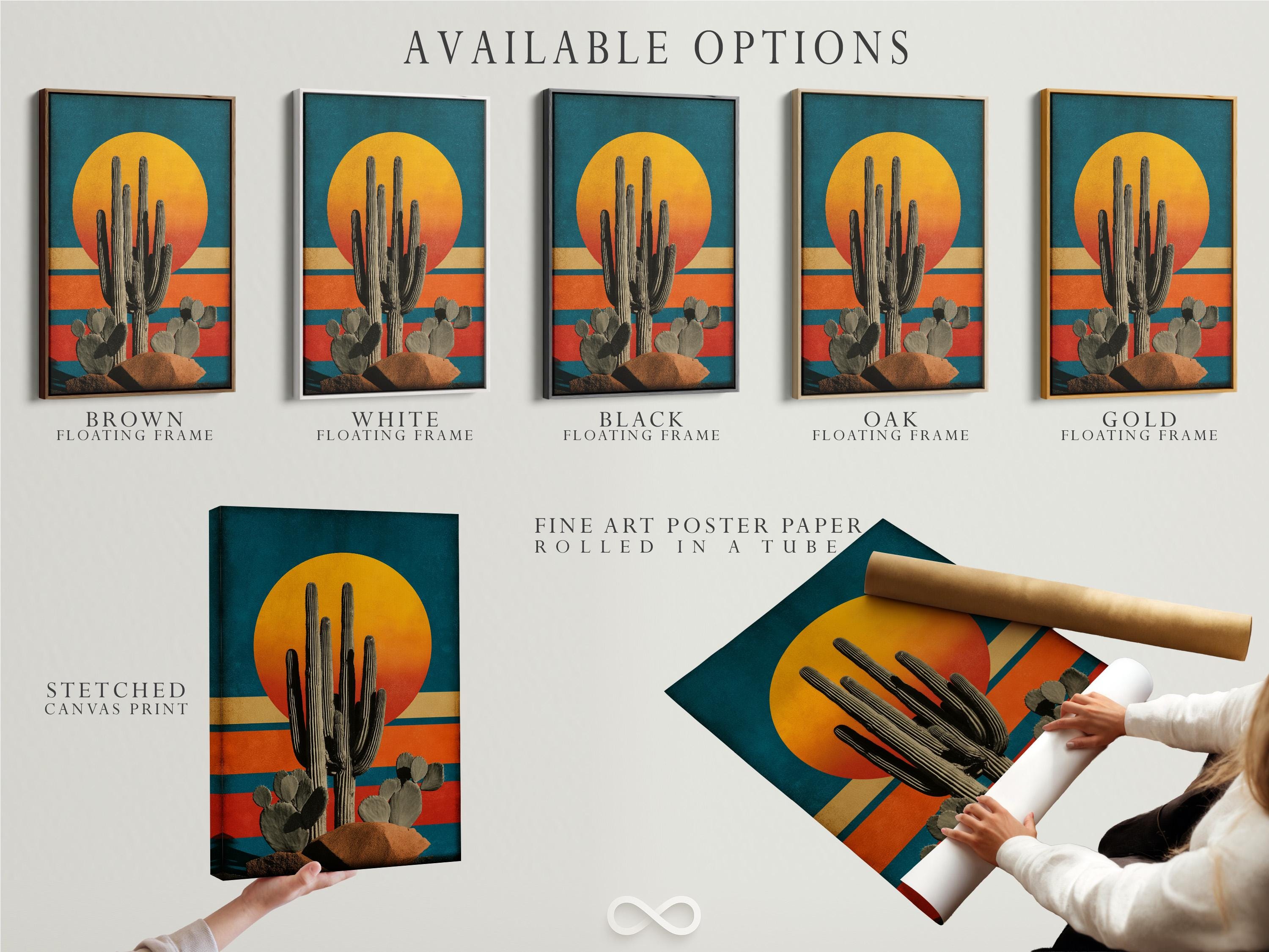 Illustration of a tall cactus with rounded pads beneath a large golden sun over teal and terracotta stripes detail view